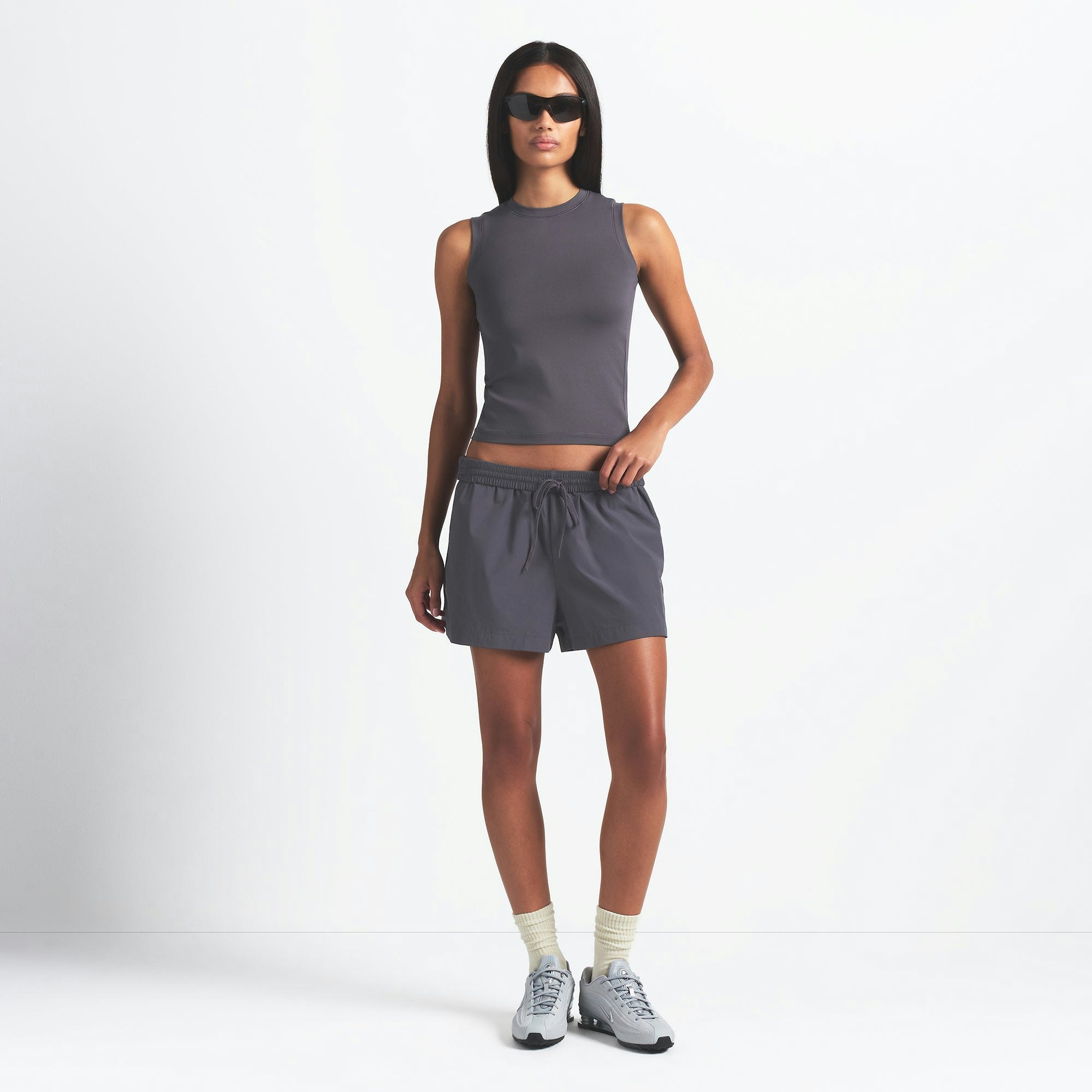 NikeSKIMS WOVEN NYLON 5" TRACK SHORT | RAVEN ON A MODEL FRONT VIEW @ | FOCUS: 0.0, 1.0, 0.9