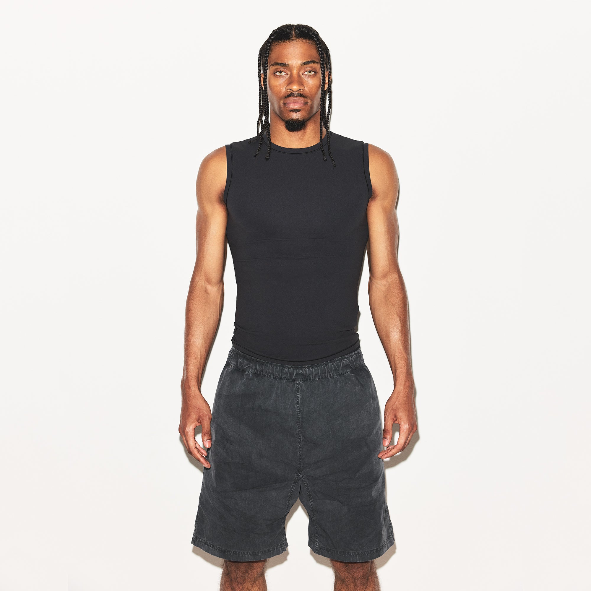 WOVEN MENS SHORT | ASH ON A MODEL FRONT VIEW | FOCUS: 0.0, 1.0, 0.9
