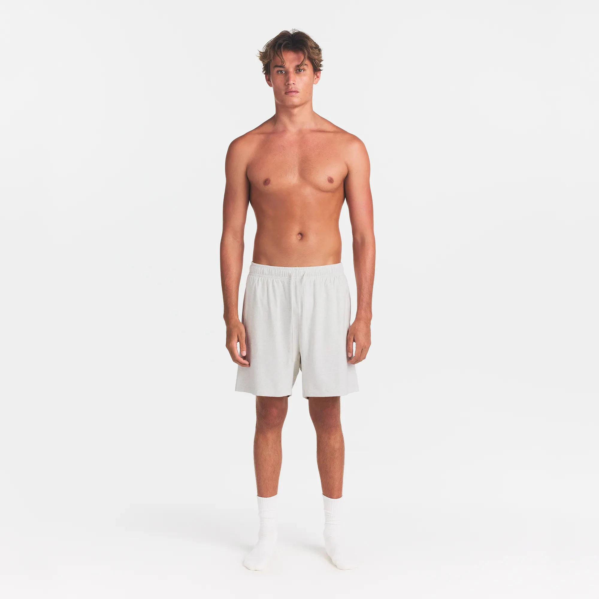 JERSEY LOUNGE MENS RELAXED SHORT | CHALK HEATHER ON A MODEL FRONT VIEW @ | FOCUS: 0.0, 1.0, 0.9
