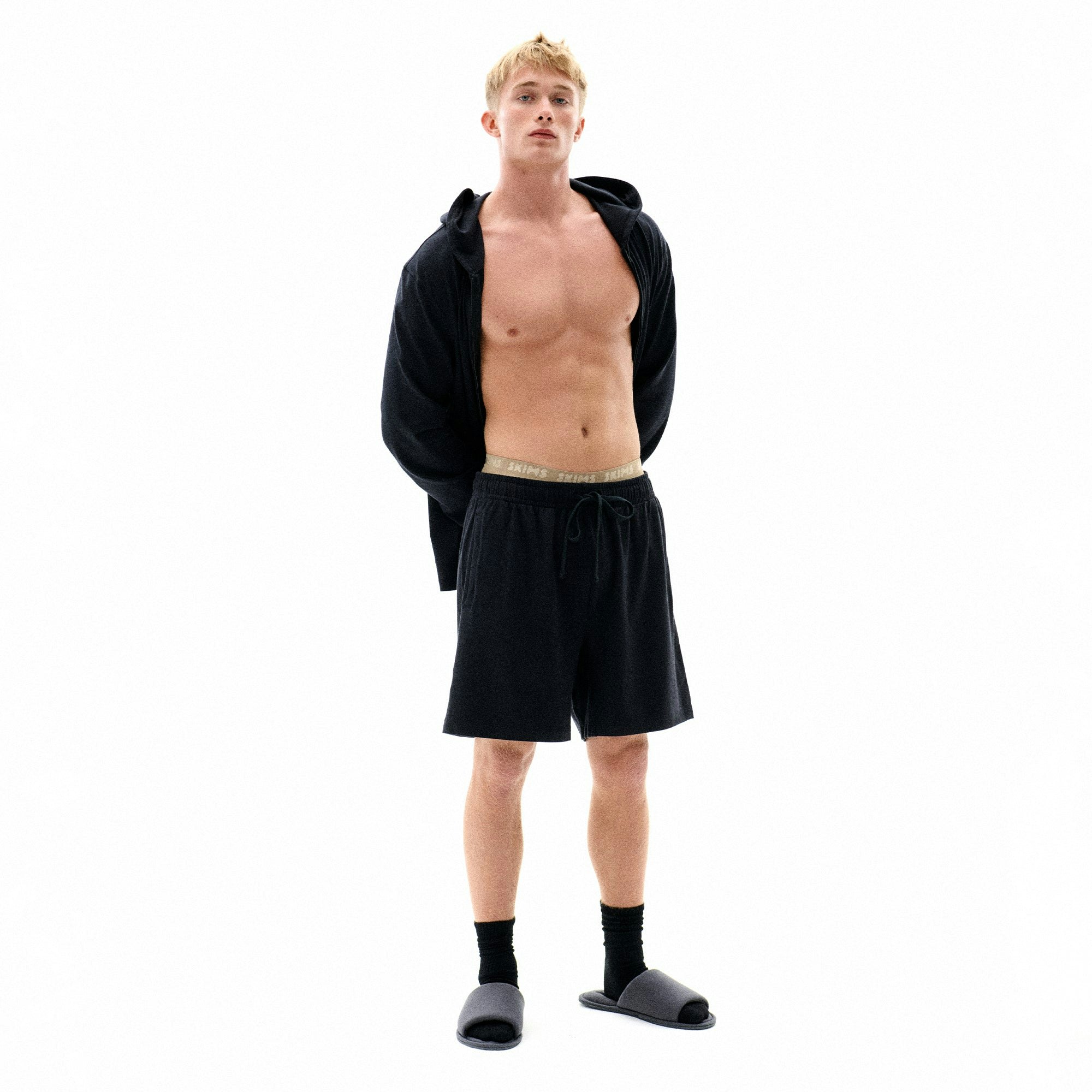 JERSEY LOUNGE MENS SHORT | OBSIDIAN ON A MODEL FRONT VIEW CAMPAIGN IMAGERY @ | FOCUS: 0.0, 1.0, 0.9