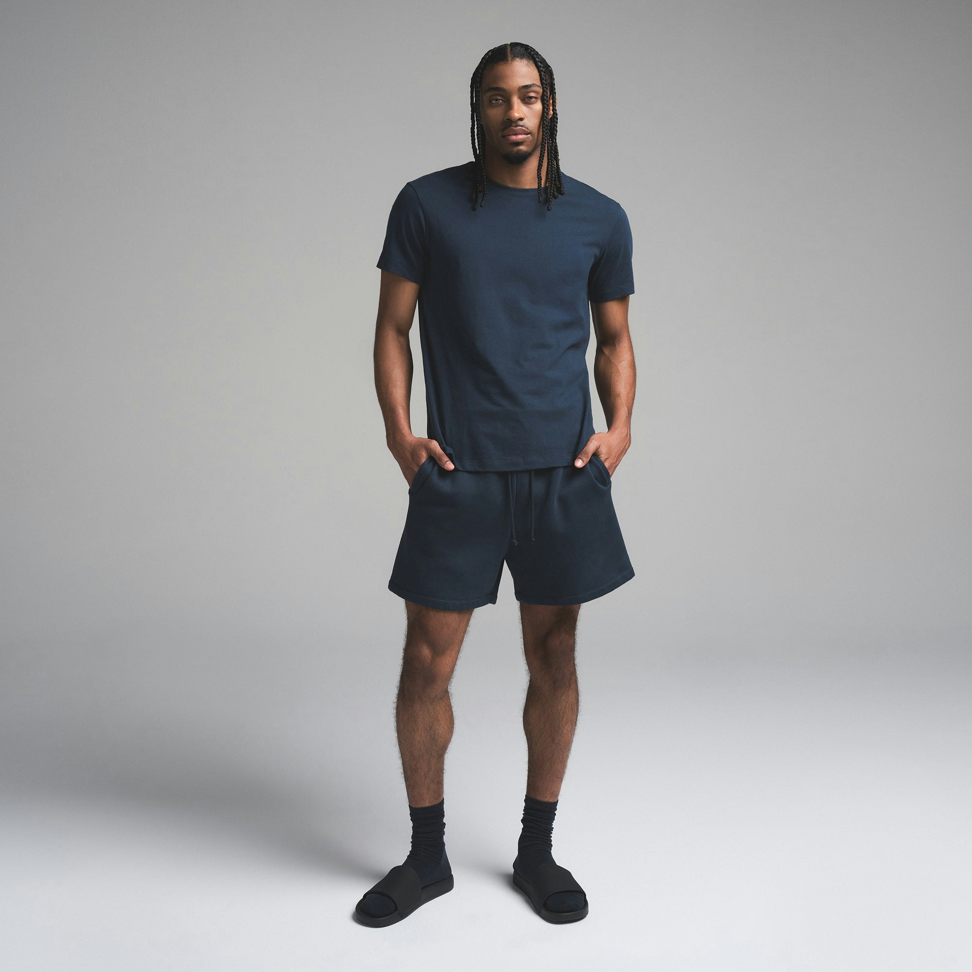 FLEECE LOUNGE MENS RELAXED SHORT | NAVY ON A MODEL FRONT VIEW | FOCUS: 0.0, 1.0, 0.9