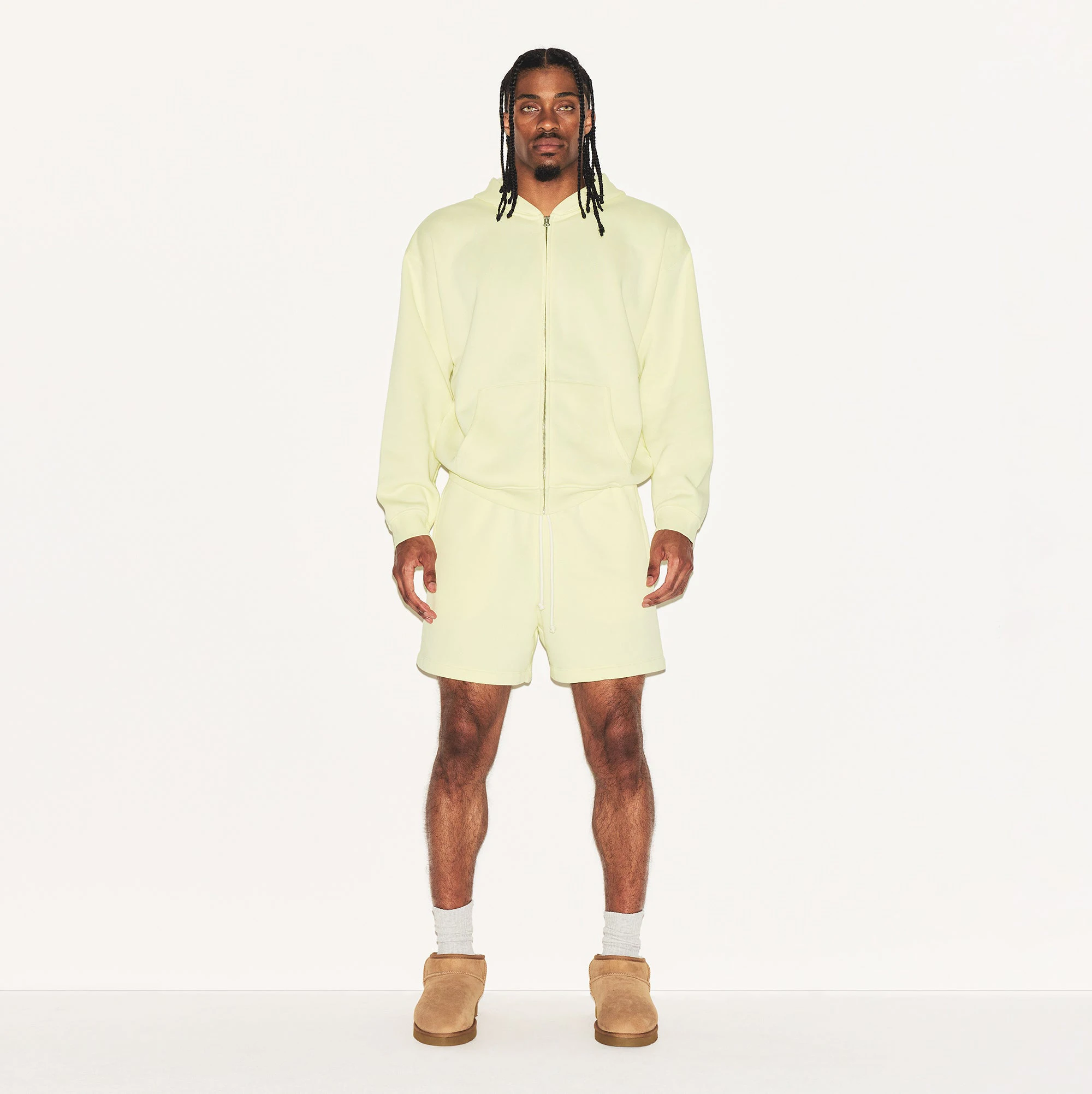 FLEECE LOUNGE MENS RELAXED SHORT | SULFUR ON A MODEL FRONT VIEW | FOCUS: 0.0, 1.0, 0.9