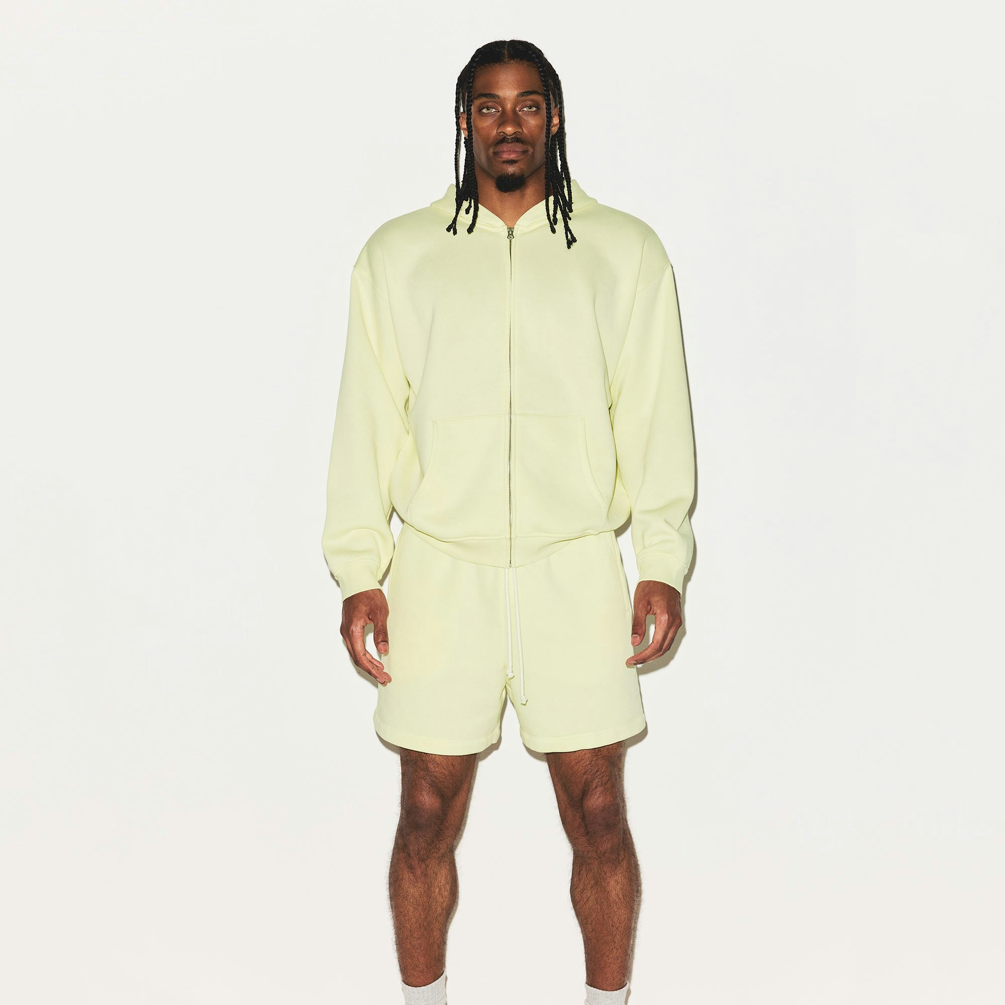 FLEECE LOUNGE MENS RELAXED SHORT | SULFUR ON A MODEL FRONT VIEW | FOCUS: 0.0, 1.0, 0.9