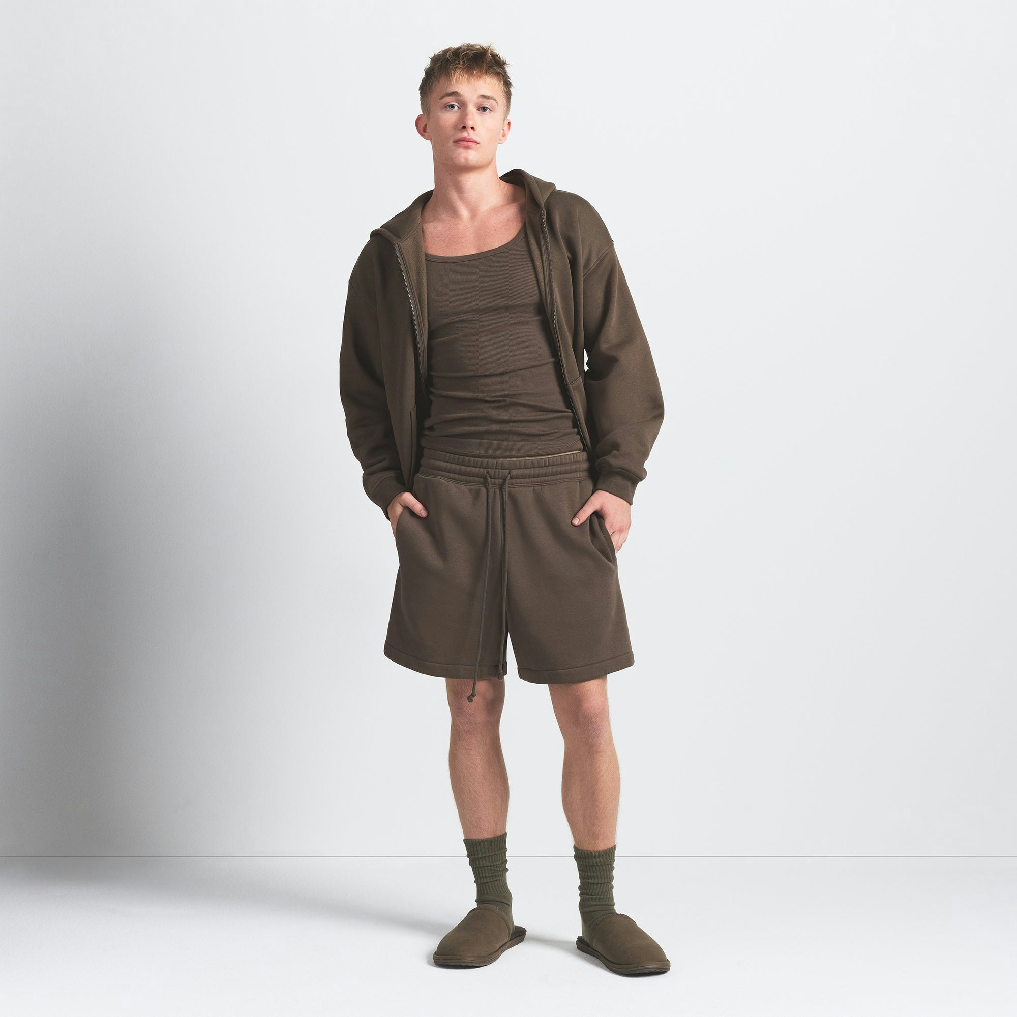FLEECE LOUNGE MENS RELAXED SHORT | DRIFTWOOD ON A MODEL FRONT VIEW @ | FOCUS: 0.0, 1.0, 0.9