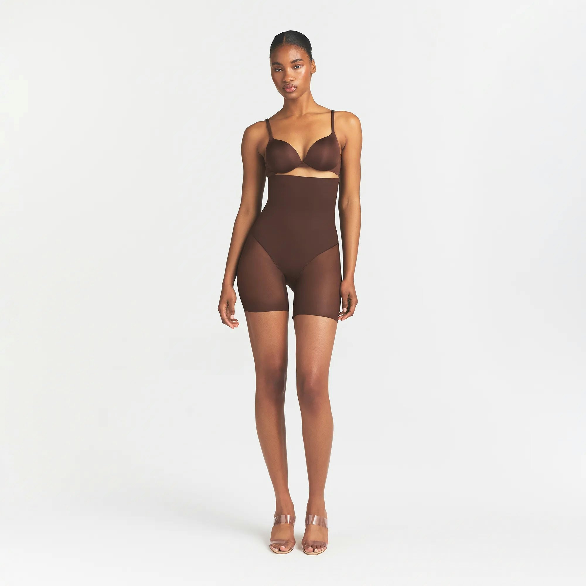 POWER MESH SHAPEWEAR CORE SCULPT HIGH-WAISTED MID THIGH SHORT | COCOA ON A MODEL FRONT VIEW @ | FOCUS: 0.0, 1.0, 0.9