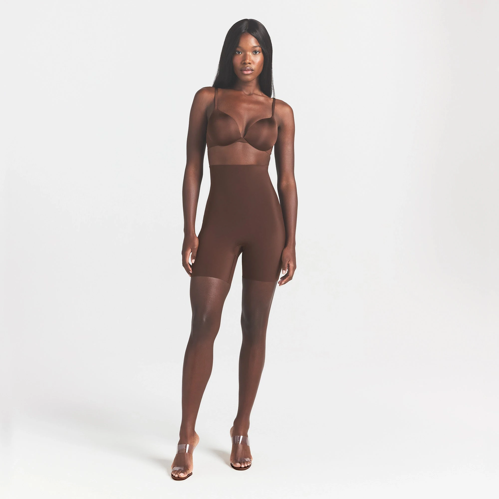 COOL SHAPEWEAR HIGH-WAISTED SHORT | COCOA ON A MODEL FRONT VIEW @ | FOCUS: 0.0, 1.0, 0.9