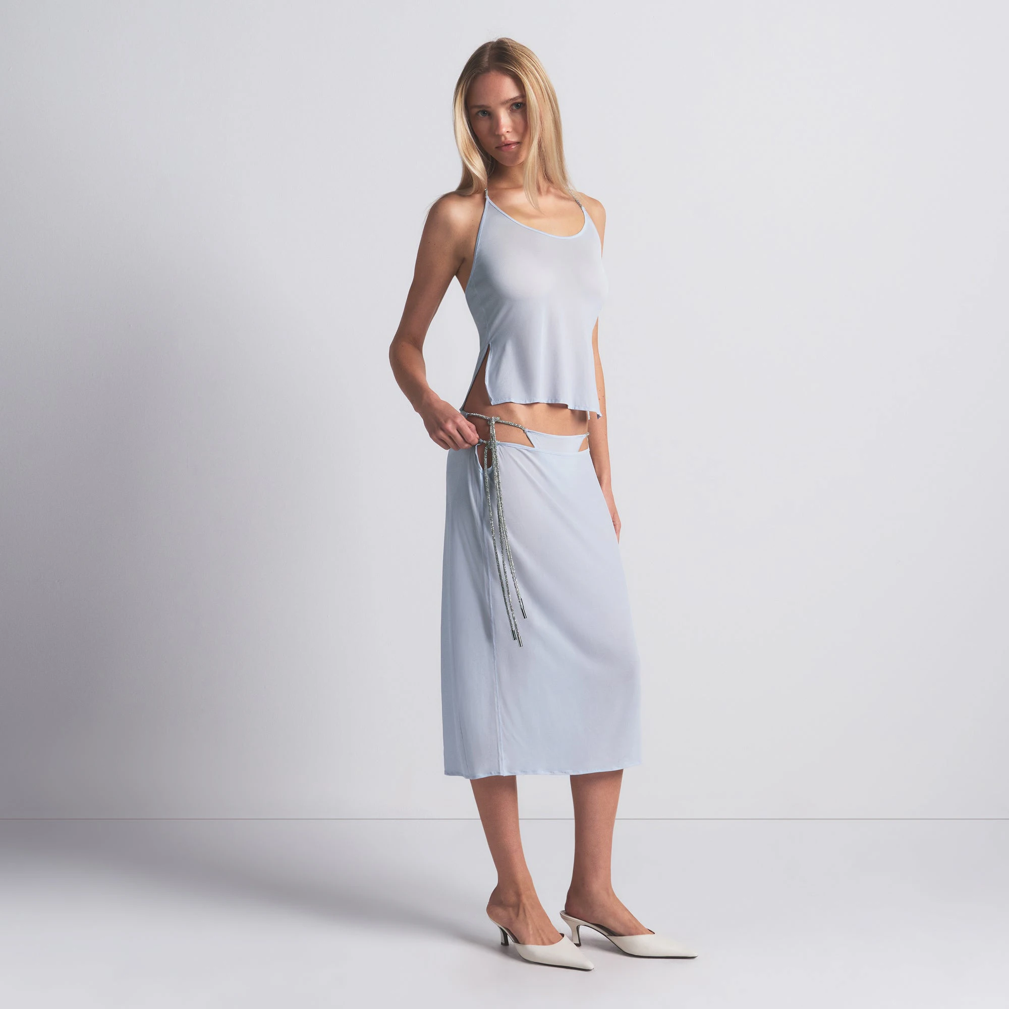 RHINESTONE KNIT TIE SIDE MIDI SKIRT | ZEN BLUE ON A MODEL FRONT VIEW @ | FOCUS: 0.0, 1.0, 0.9