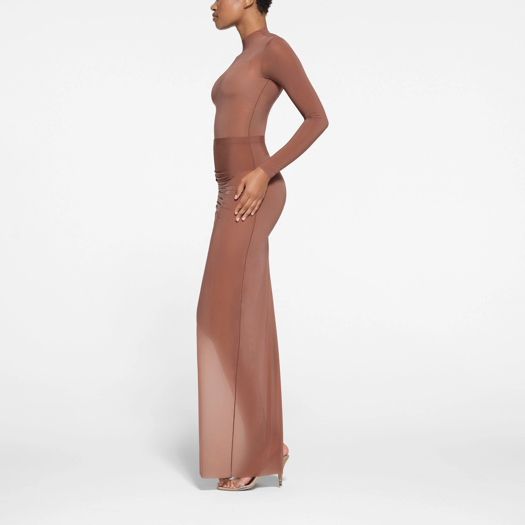 MILKY SHEER LONG TUBE SKIRT | BRANDY ON A MODEL SIDE VIEW