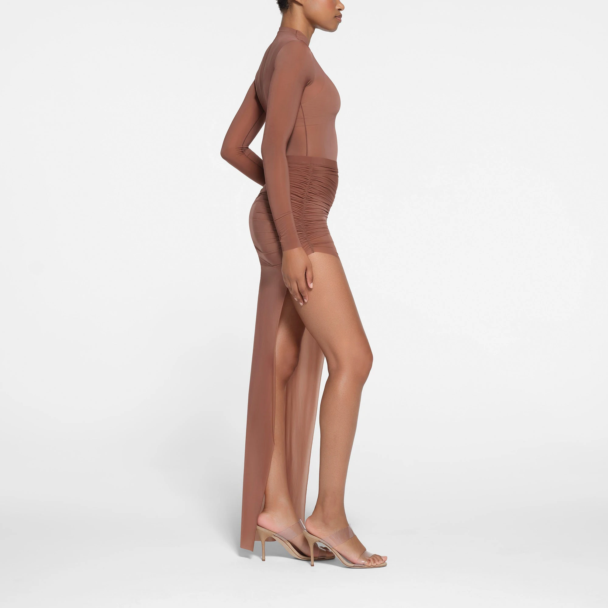 MILKY SHEER LONG TUBE SKIRT | BRANDY ON A MODEL SIDE VIEW