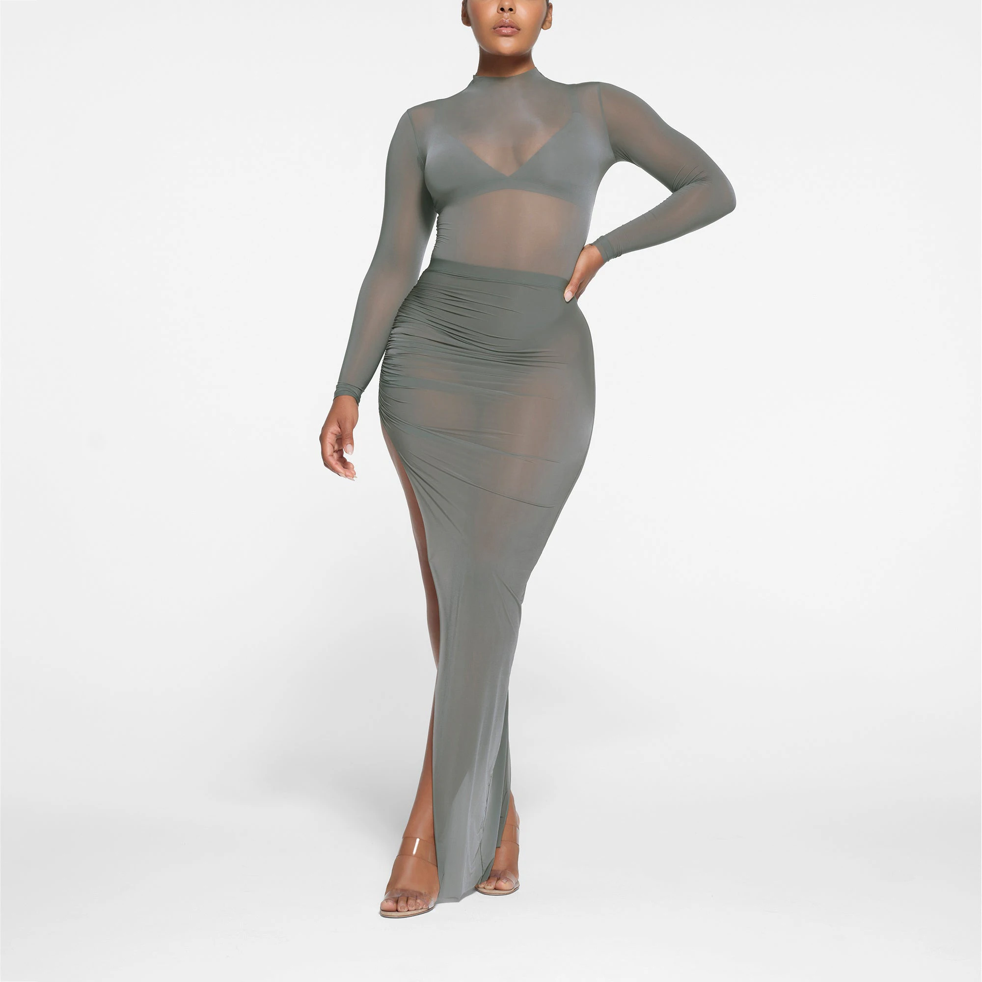 MILKY SHEER LONG TUBE SKIRT | GUNMETAL ON A MODEL FRONT VIEW
