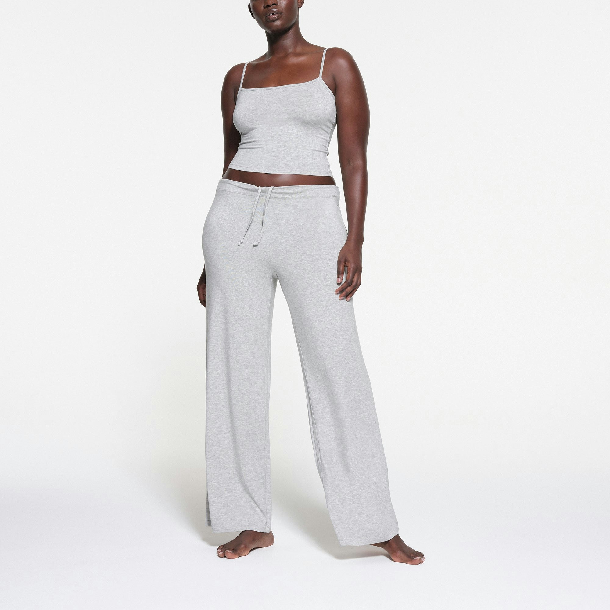 SKIMS SLEEP STRAIGHT LEG PANT | LIGHT HEATHER GREY ON A MODEL FRONT VIEW