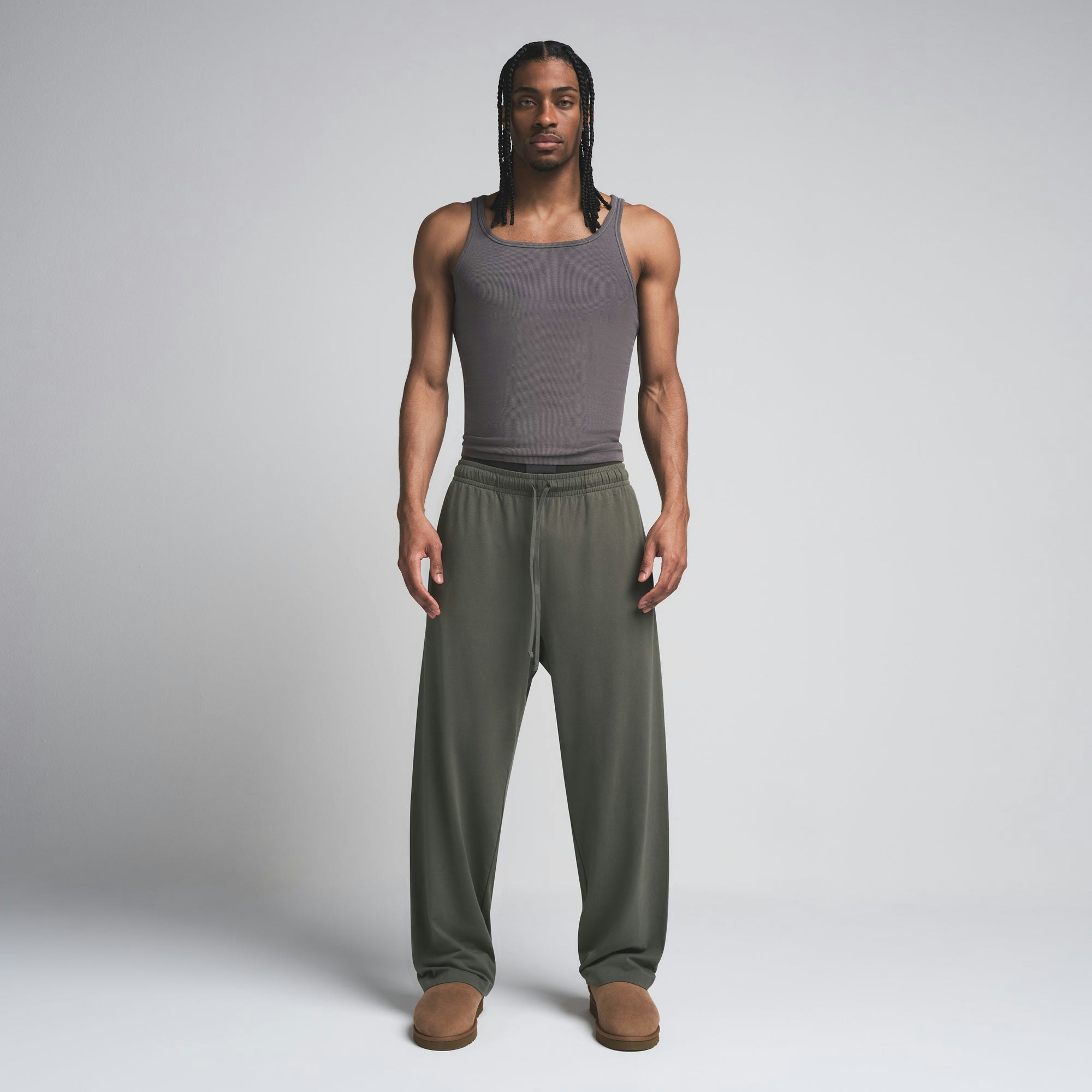JERSEY LOUNGE MENS RELAXED STRAIGHT LEG PANT | BASIL ON A MODEL FRONT VIEW | FOCUS: 0.0, 1.0, 0.9
