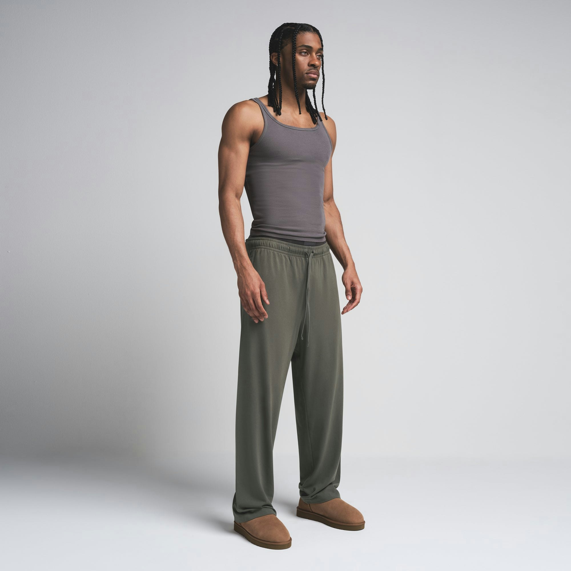 JERSEY LOUNGE MENS RELAXED STRAIGHT LEG PANT | BASIL ON A MODEL FRONT VIEW | FOCUS: 0.0, 1.0, 0.9