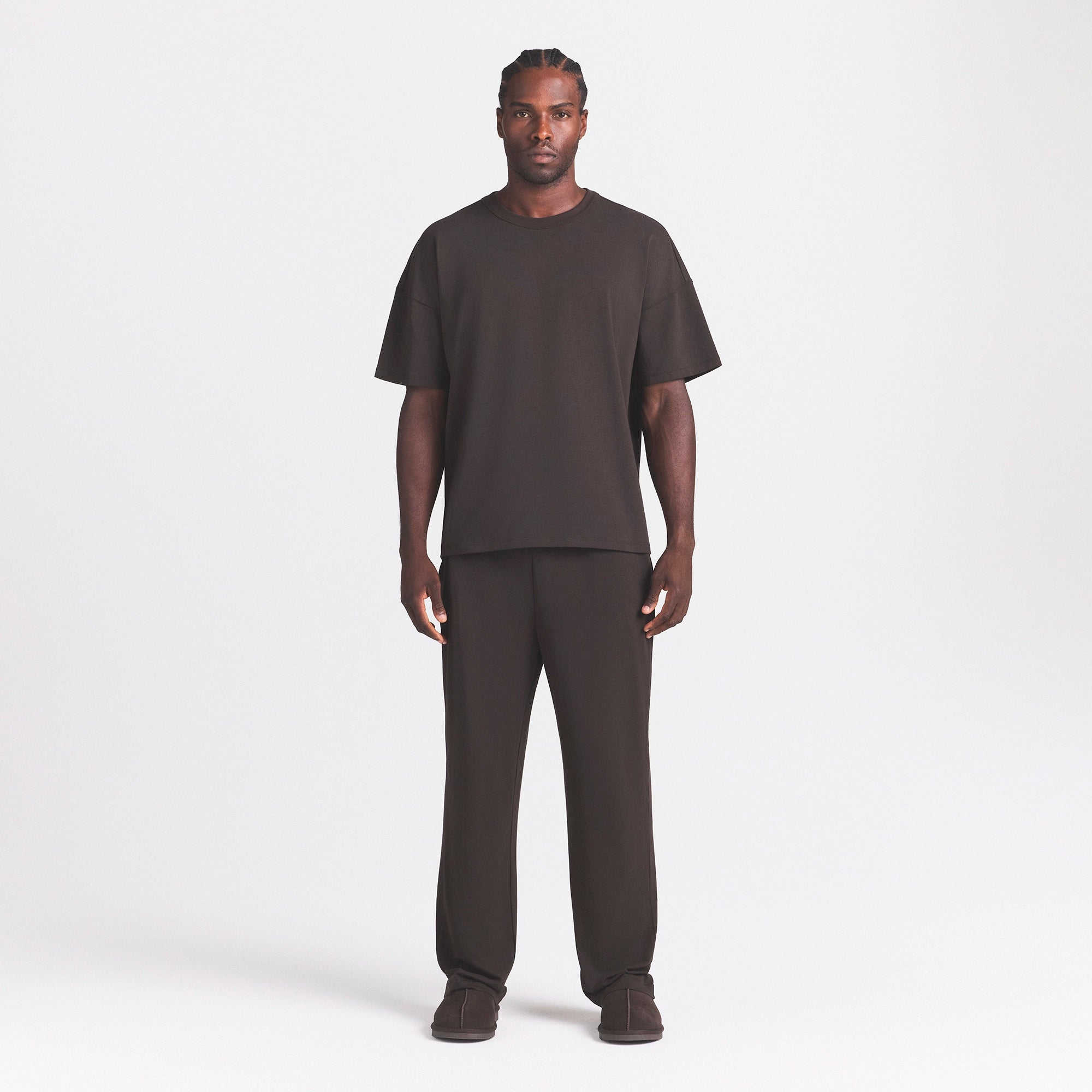 JERSEY LOUNGE MENS RELAXED STRAIGHT LEG PANT | DARK ROAST ON A MODEL FRONT VIEW @ | FOCUS: 0.0, 1.0, 0.9