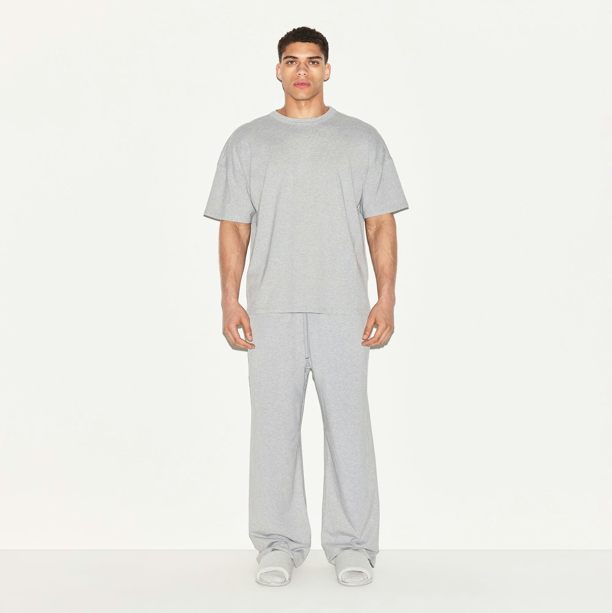 JERSEY LOUNGE MENS RELAXED STRAIGHT LEG PANT | HEATHER GREY ON A MODEL FRONT VIEW | FOCUS: 0.0, 1.0, 0.9