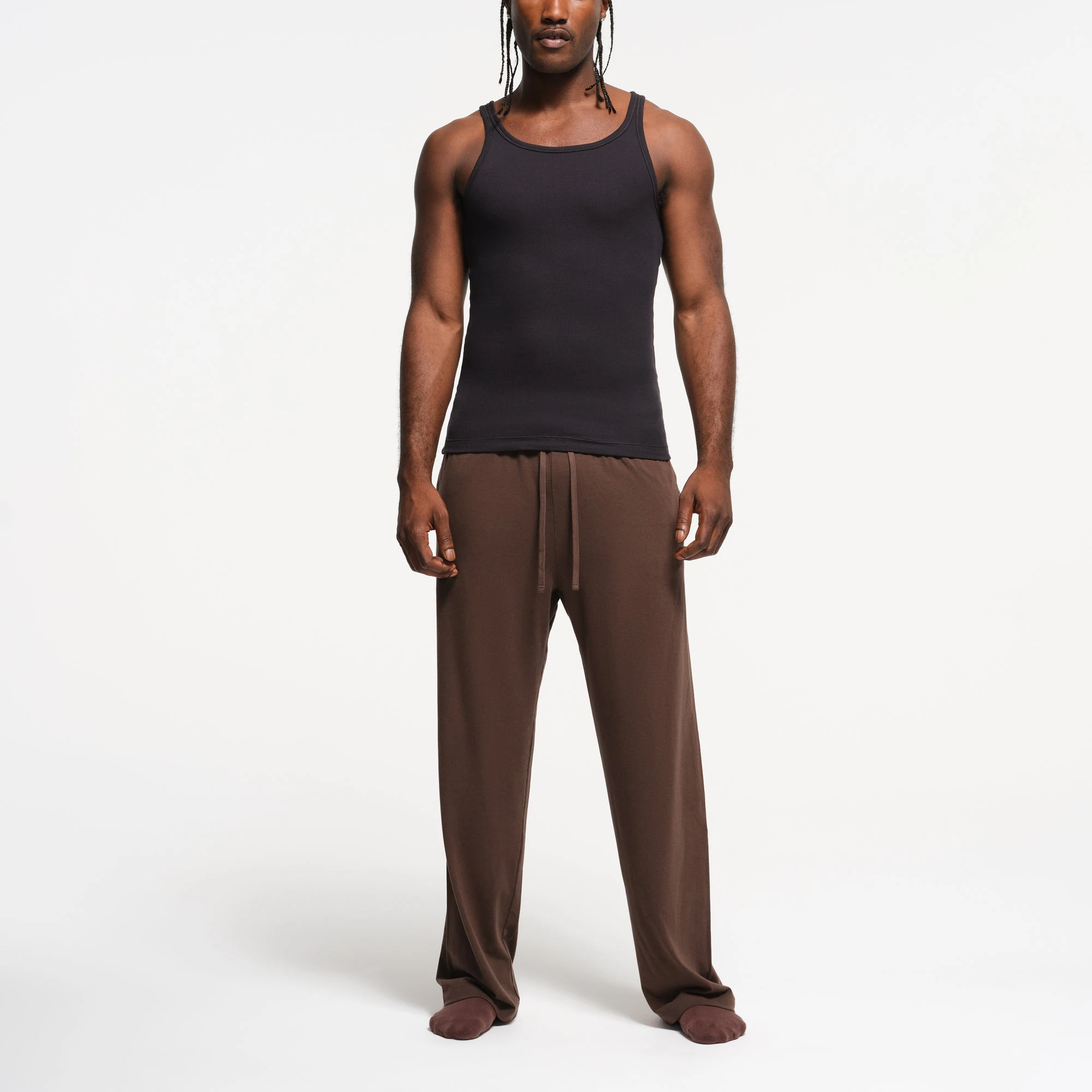 JERSEY LOUNGE MENS RELAXED STRAIGHT LEG PANT | MUD ON A MODEL FRONT VIEW | FOCUS: 0.0, 1.0, 0.9