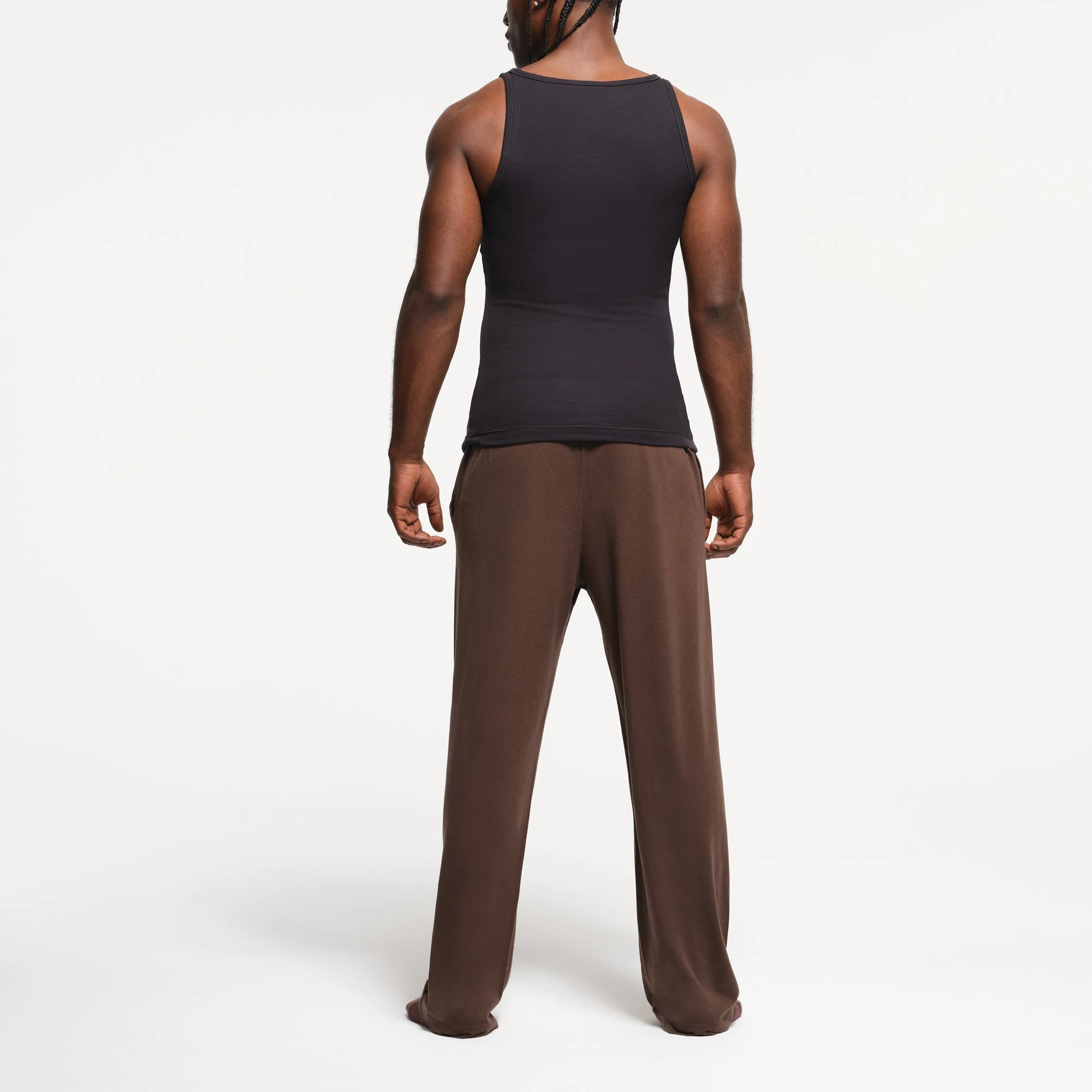 JERSEY LOUNGE MENS RELAXED STRAIGHT LEG PANT | MUD ON A MODEL BACK VIEW