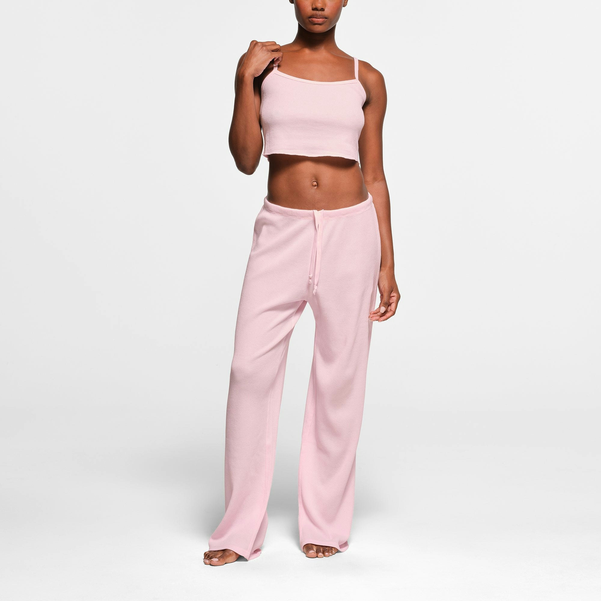 WAFFLE LOOSE PANT | CHERRY BLOSSOM ON A MODEL FRONT VIEW