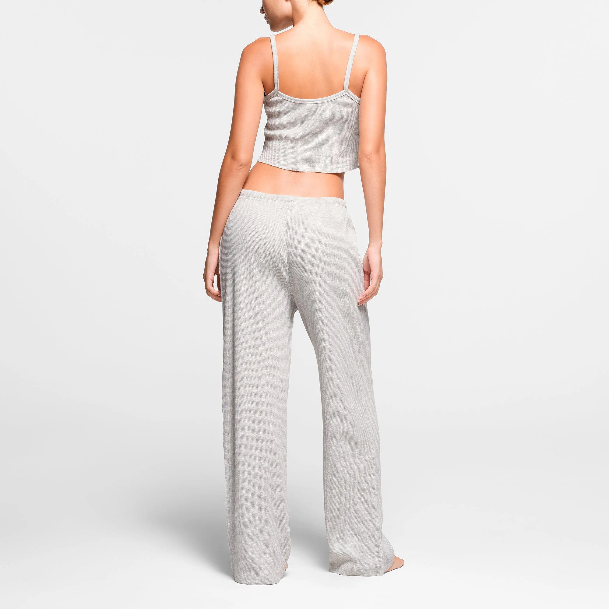 WAFFLE LOOSE PANT | LIGHT HEATHER GREY ON A MODEL BACK VIEW