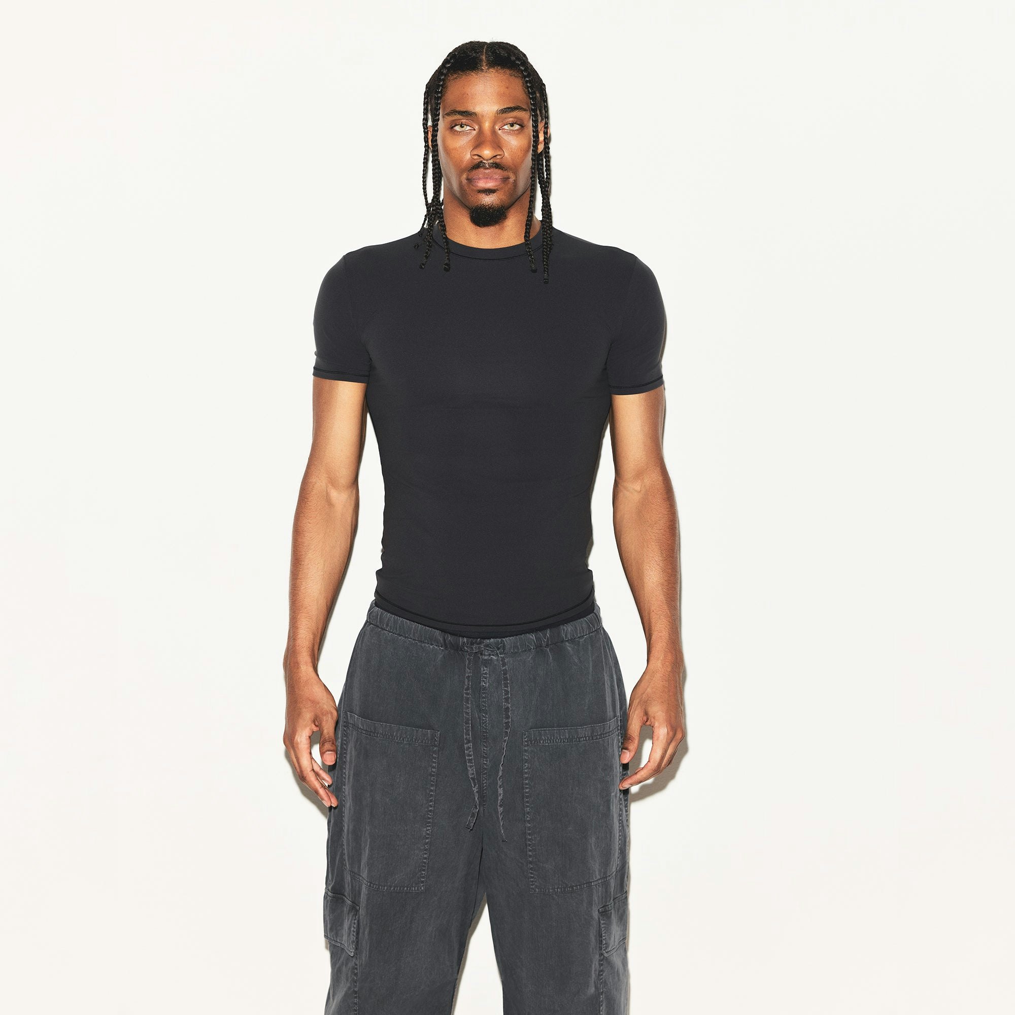 WOVEN MENS CARGO PANT | ASH ON A MODEL FRONT VIEW | FOCUS: 0.0, 1.0, 0.9