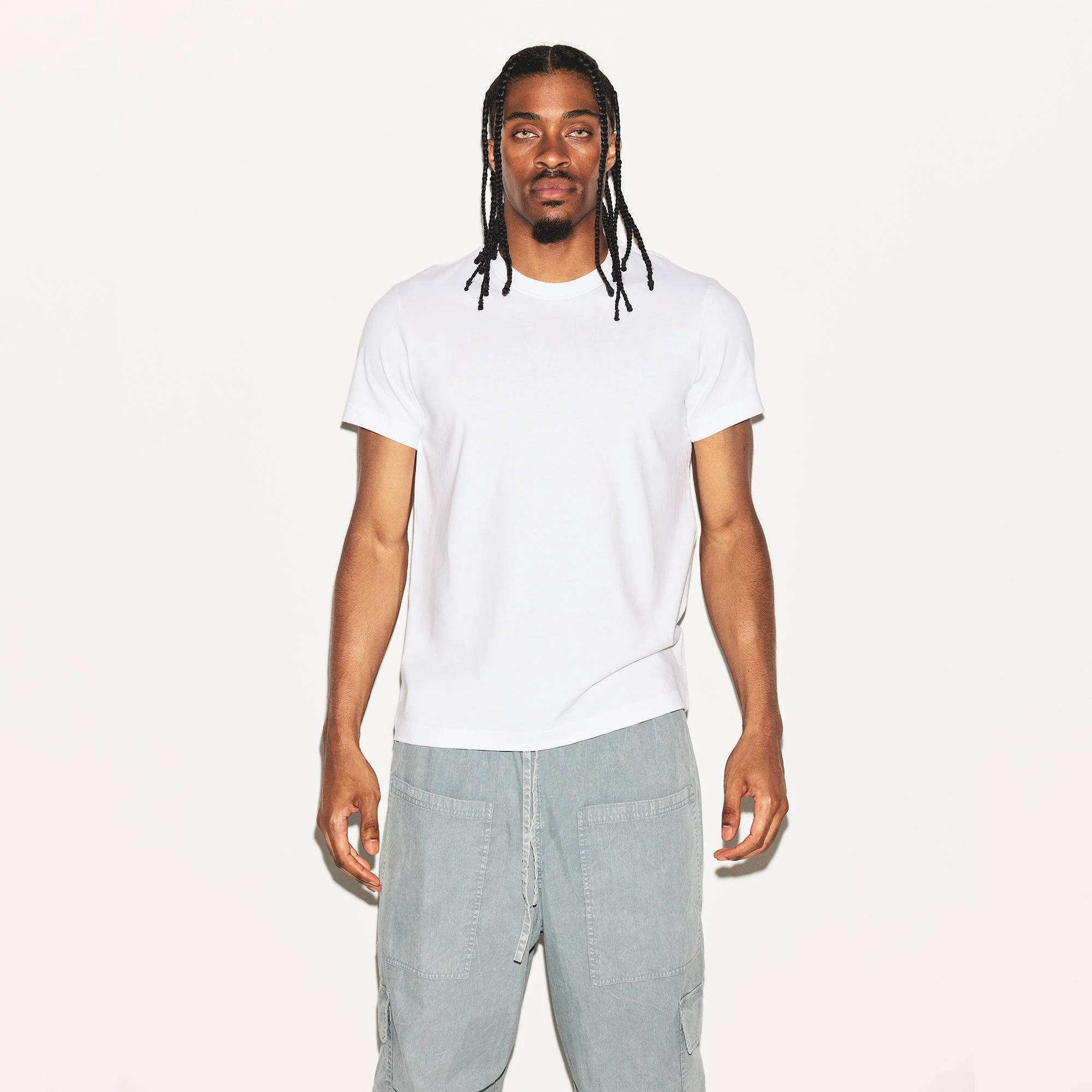 WOVEN MENS CARGO PANT | PACIFIC ON A MODEL FRONT VIEW | FOCUS: 0.0, 1.0, 0.9