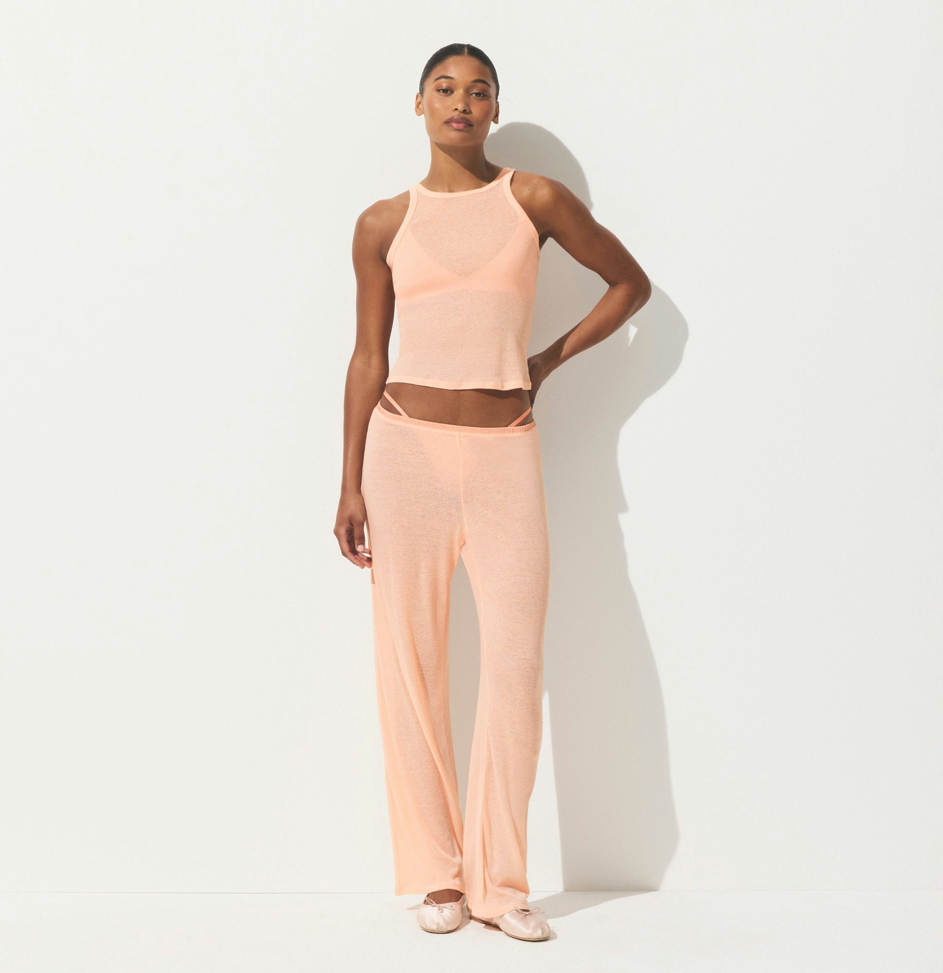 SHEER COTTON LACE SLEEP PANT | VILLA ON A MODEL FRONT VIEW | FOCUS: 0.0, 1.0, 0.9