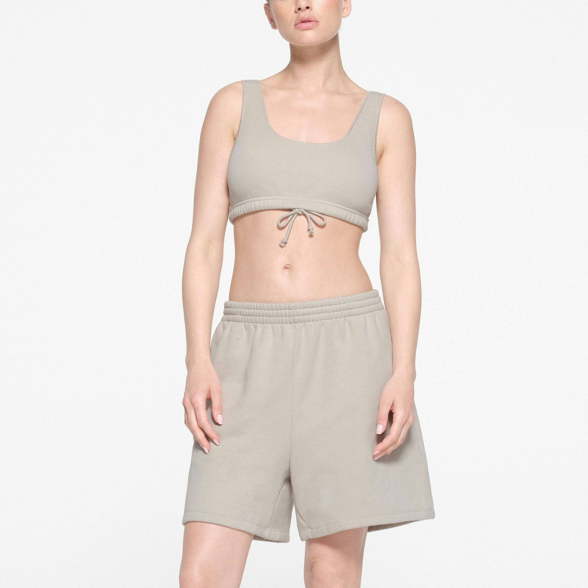 COTTON FLEECE BRALETTE | STONE ON A MODEL FRONT VIEW