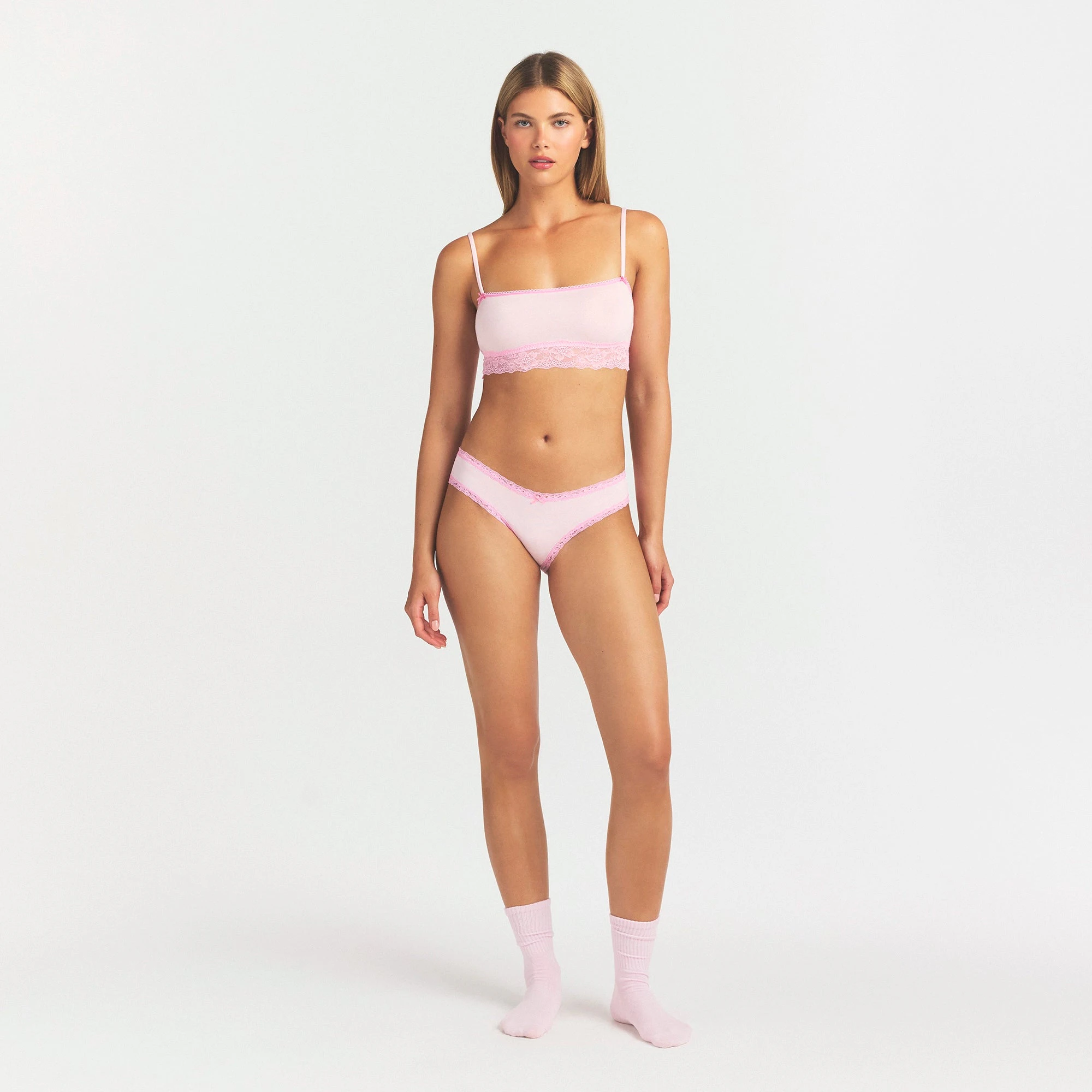 LIGHTWEIGHT COTTON LACE BRIEF | CHERRY BLOSSOM ON A MODEL FRONT VIEW @ | FOCUS: 0.0, 1.0, 0.9