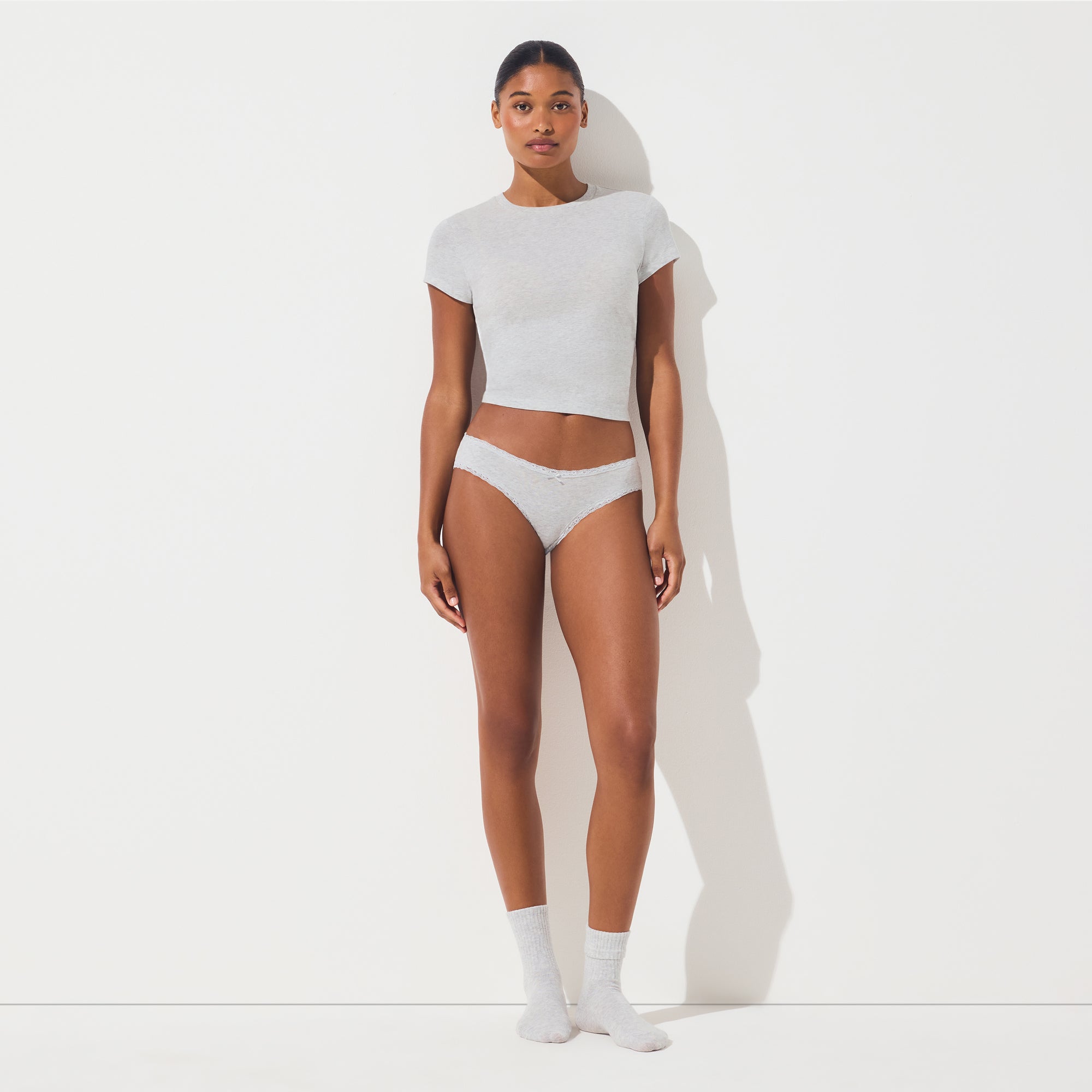 LIGHTWEIGHT COTTON LACE BRIEF | LIGHT HEATHER GREY ON A MODEL FRONT VIEW @ | FOCUS: 0.0, 1.0, 0.9