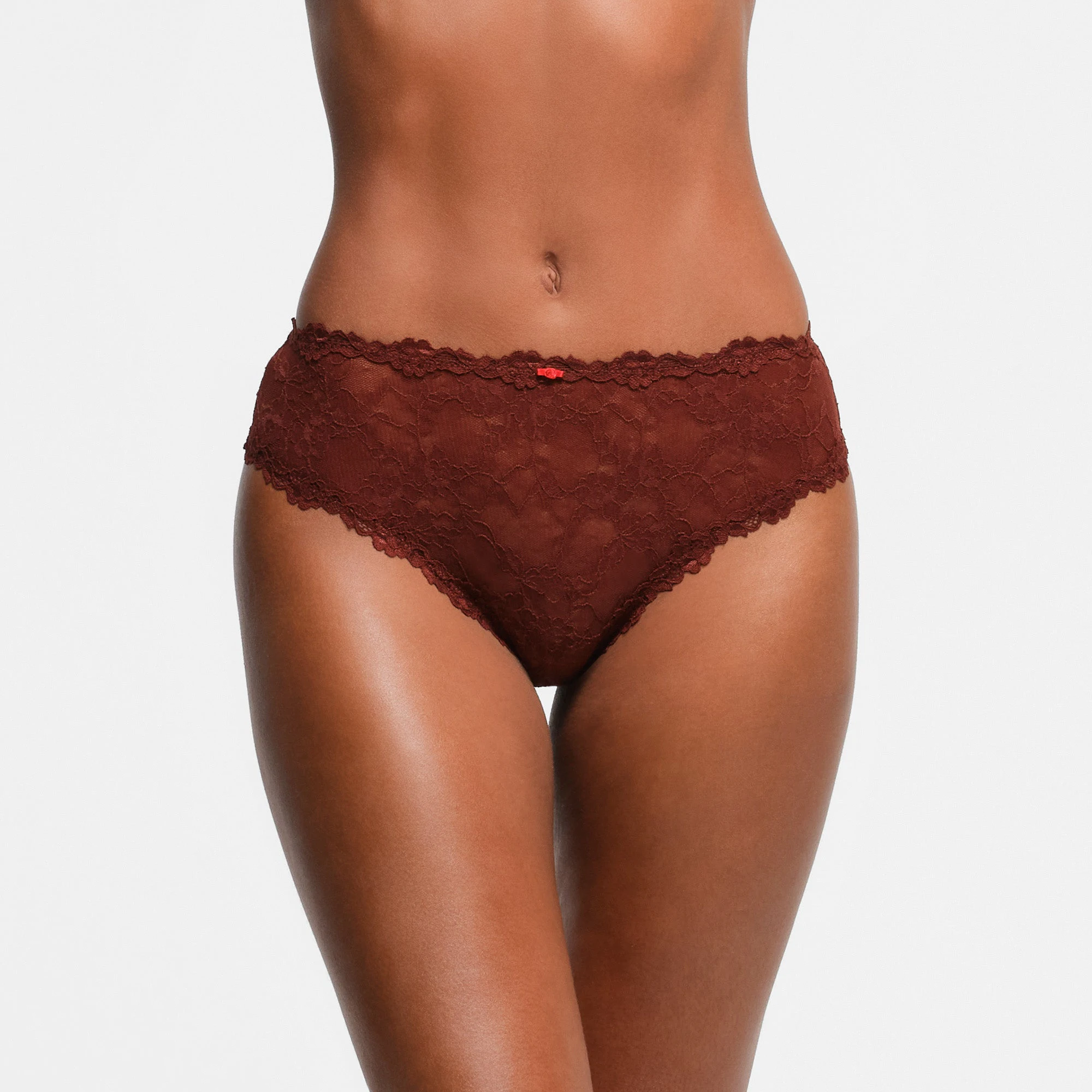 STRETCH LACE BRIEF | OXBLOOD CONTRAST ON A MODEL FRONT VIEW | FOCUS: 0.9, 0.1, 0.7