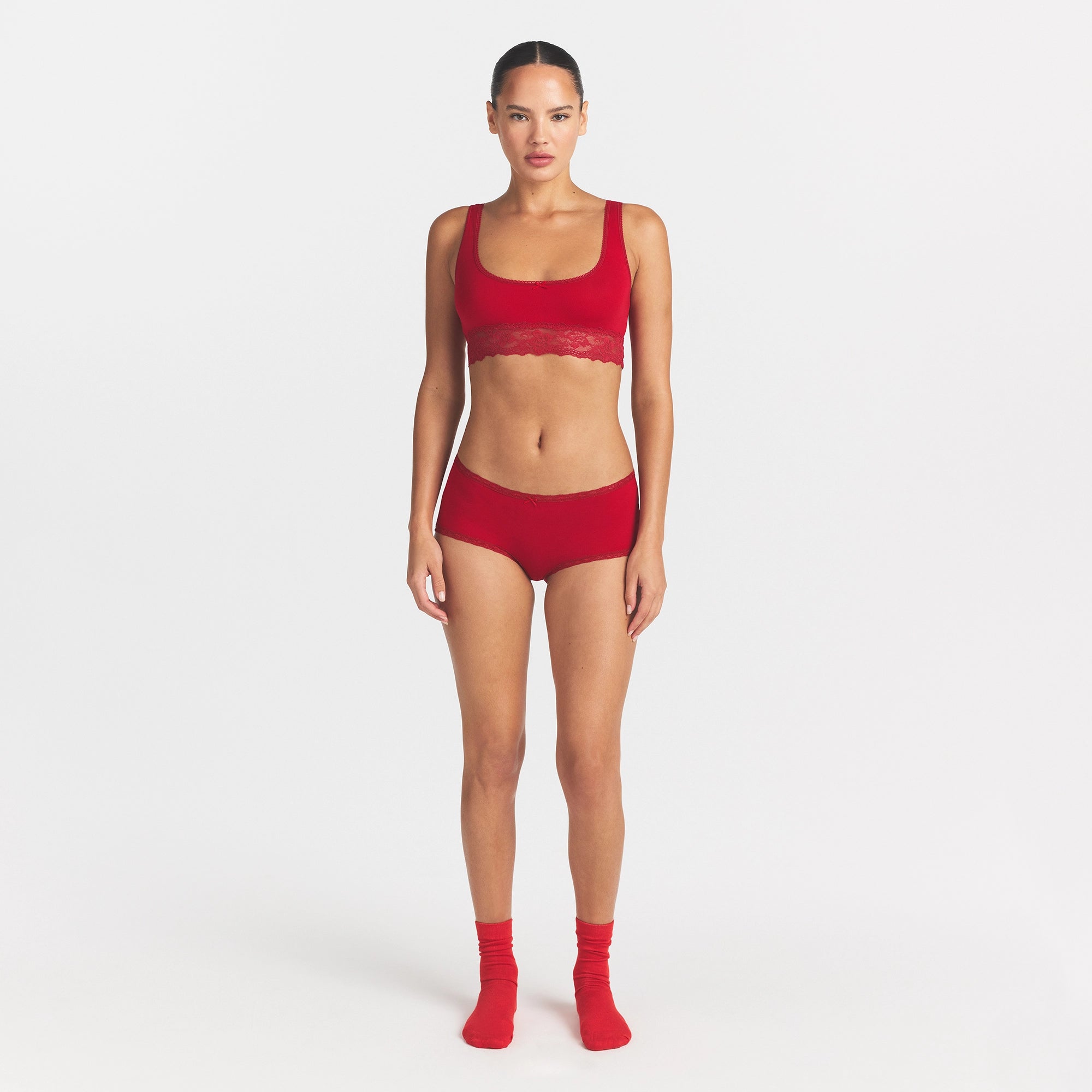 LIGHTWEIGHT COTTON LACE SCOOP BRALETTE | CARDINAL TONAL ON A MODEL FRONT VIEW @ | FOCUS: 0.0, 1.0, 0.9