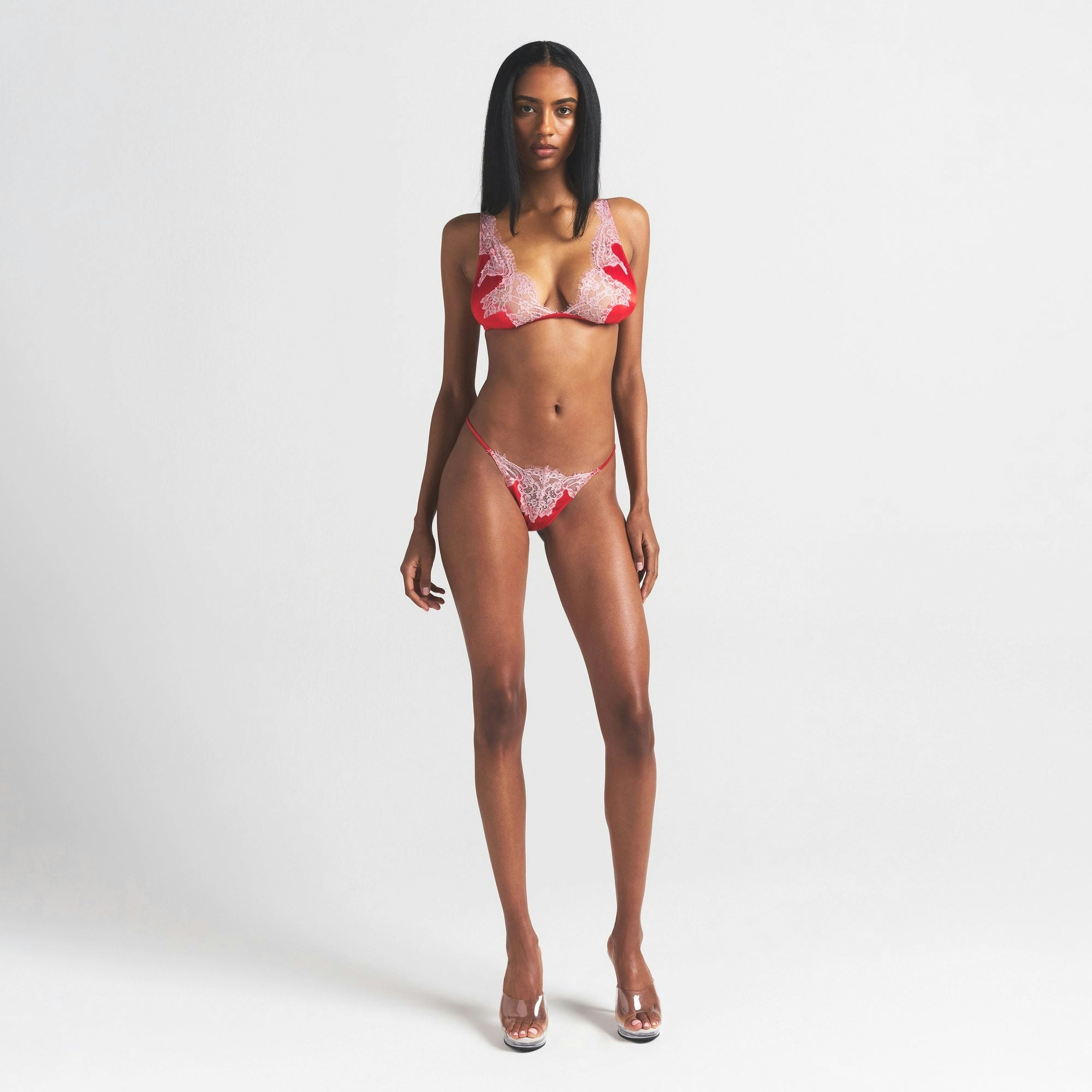 SILK LACE PLUNGE BRALETTE | RUBY CONTRAST ON A MODEL FRONT VIEW @ | FOCUS: 0.0, 1.0, 0.9