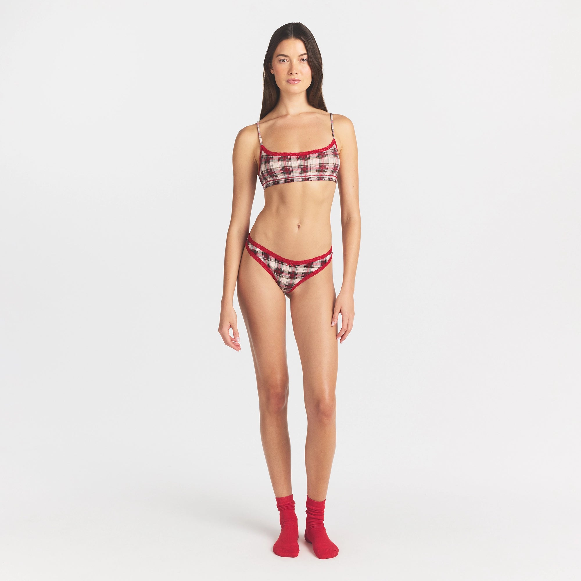 LIGHTWEIGHT COTTON POINTELLE SCOOP BRALETTE | BUFF MINI MONTGOMERY CHECK ON A MODEL FRONT VIEW @ | FOCUS: 0.0, 1.0, 0.9