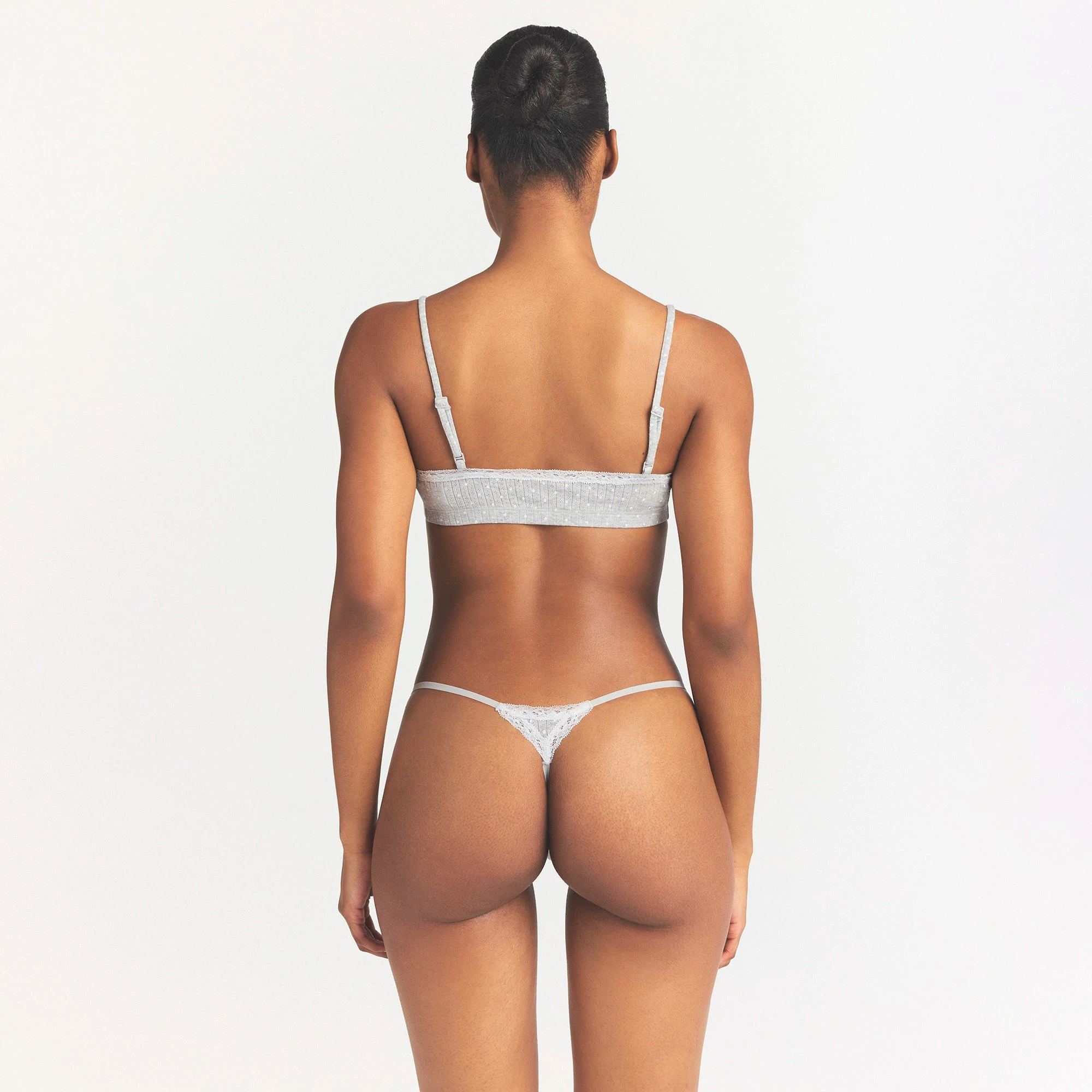 LIGHTWEIGHT COTTON POINTELLE SCOOP BRALETTE | LIGHT HEATHER GREY PIN DOT ON A MODEL SIDE VIEW @ | FOCUS: 0.0, 1.0, 0.9