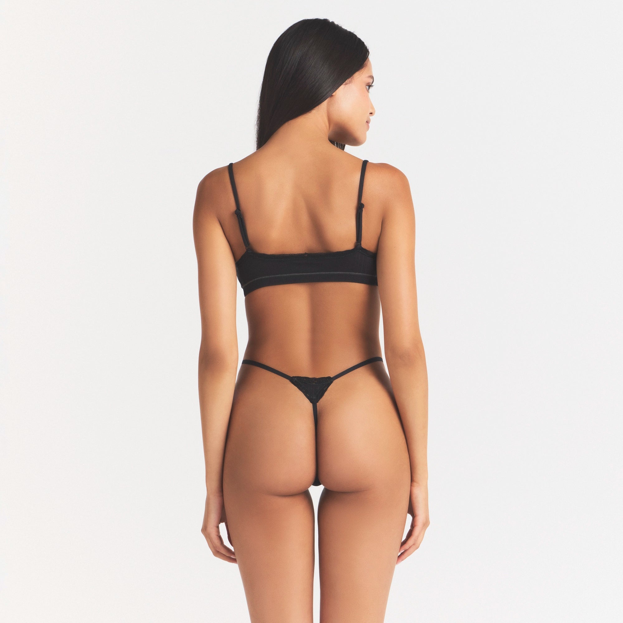 LIGHTWEIGHT COTTON POINTELLE SCOOP BRALETTE | SOOT TONAL ON A MODEL SIDE VIEW