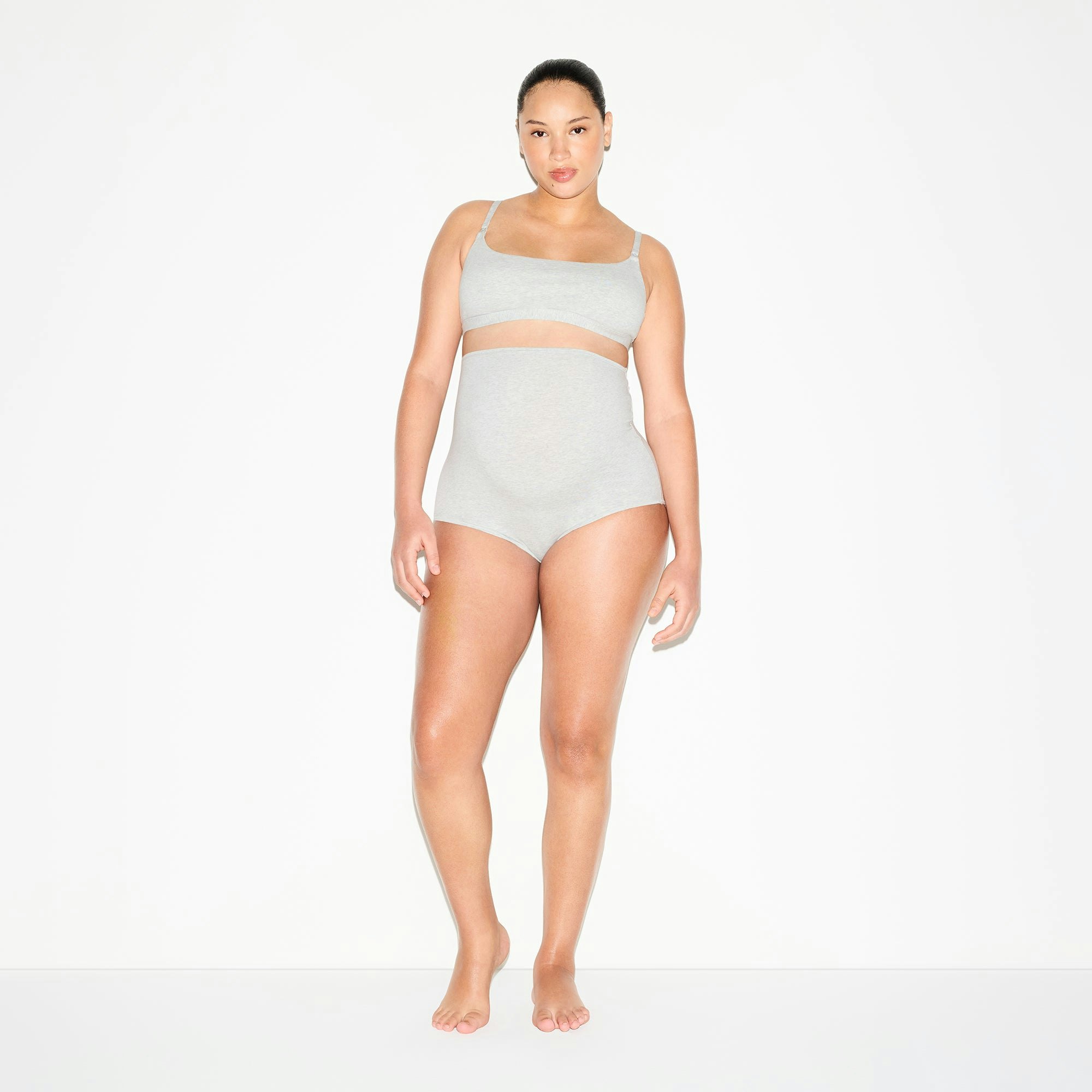 COTTON JERSEY MATERNITY NURSING SCOOP BRALETTE 2-PACK | LIGHT HEATHER GREY ON A MODEL FRONT VIEW @ | FOCUS: 0.0, 1.0, 0.9