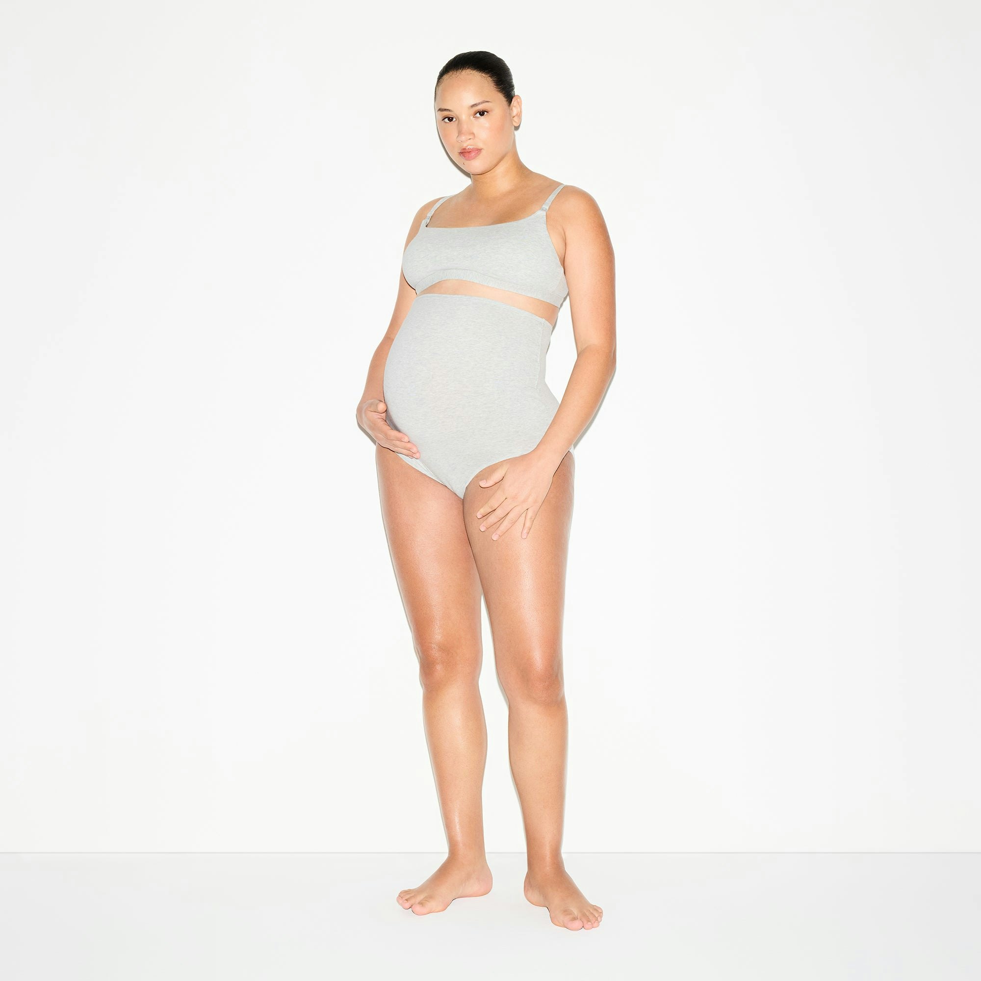 COTTON JERSEY MATERNITY NURSING SCOOP BRALETTE 2-PACK | LIGHT HEATHER GREY ON A MODEL FRONT VIEW @ | FOCUS: 0.0, 1.0, 0.9