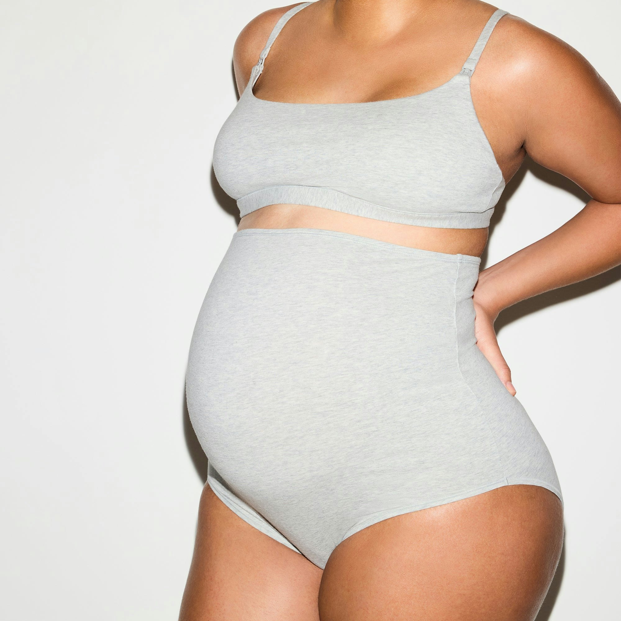 COTTON JERSEY MATERNITY NURSING SCOOP BRALETTE 2-PACK | LIGHT HEATHER GREY ON A MODEL FRONT VIEW @ | FOCUS: 0.0, 1.0, 0.9