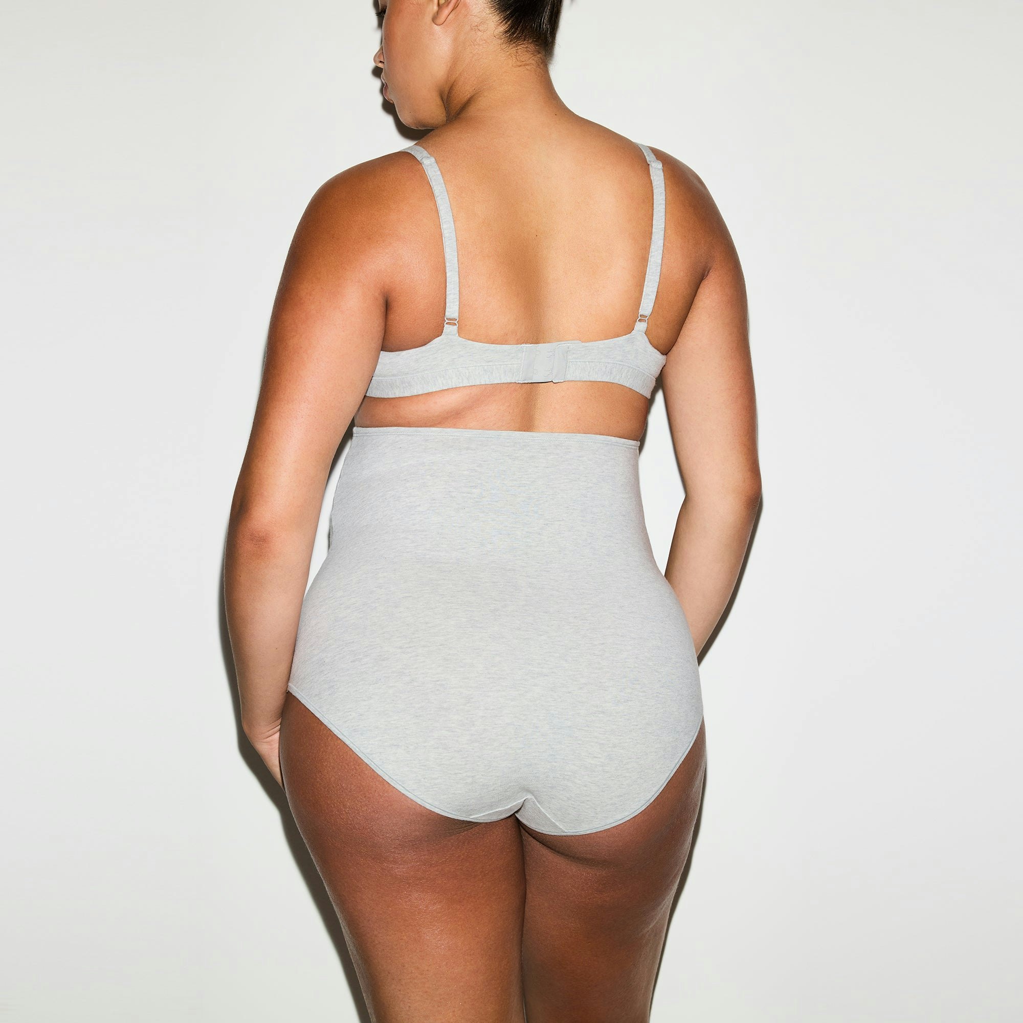 COTTON JERSEY MATERNITY NURSING SCOOP BRALETTE 2-PACK | LIGHT HEATHER GREY ON A MODEL BACK VIEW @ | FOCUS: 0.0, 1.0, 0.9
