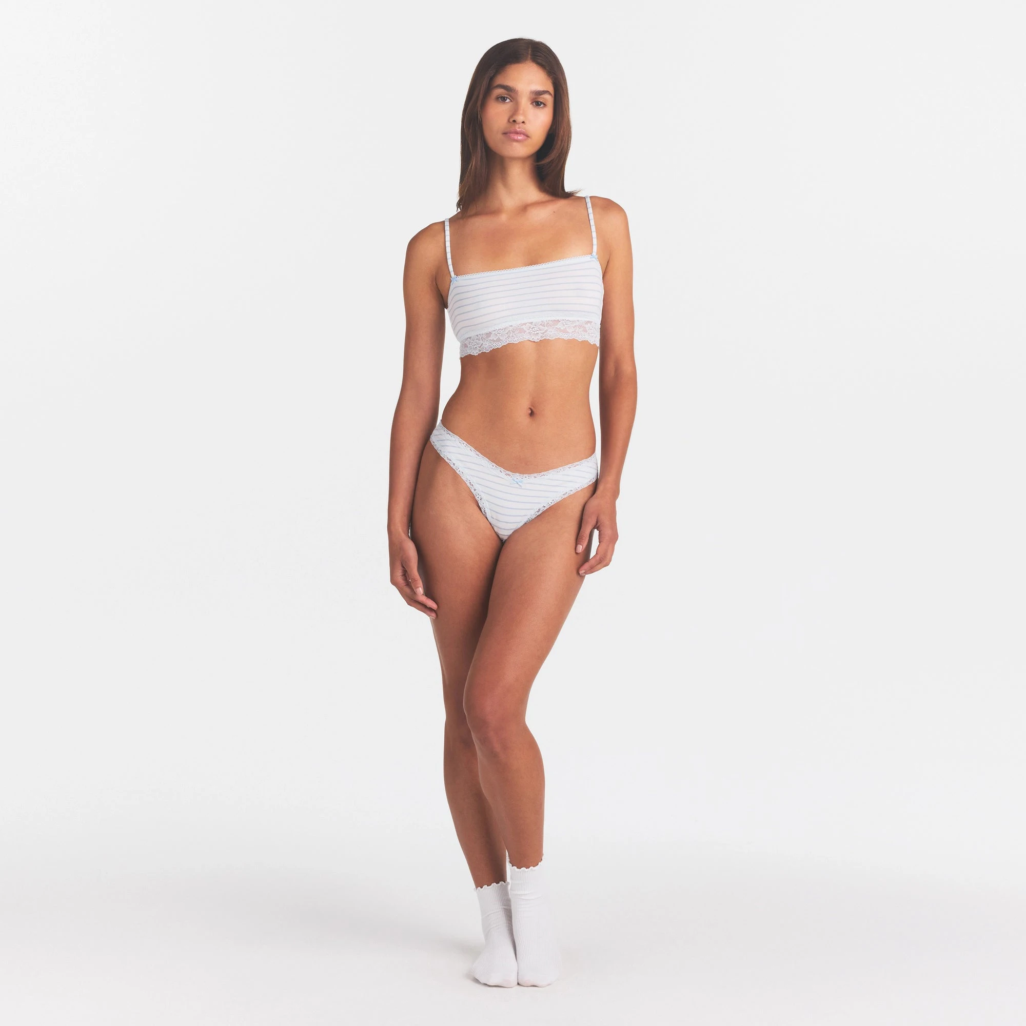 LIGHTWEIGHT COTTON STRAIGHT NECK BRALETTE | AIRSPACE LAGUNA STRIPE ON A MODEL FRONT VIEW @ | FOCUS: 0.0, 1.0, 0.9