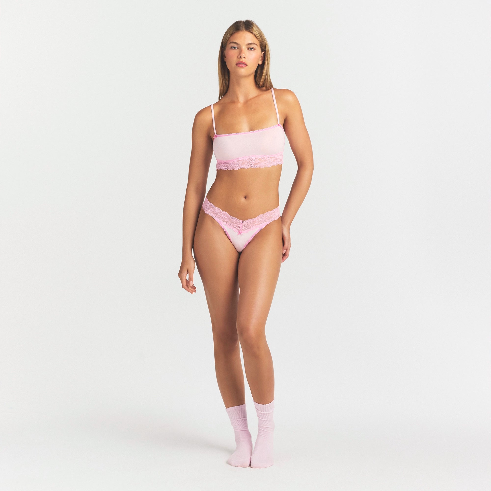LIGHTWEIGHT COTTON STRAIGHT NECK BRALETTE | CHERRY BLOSSOM TONAL ON A MODEL FRONT VIEW @ | FOCUS: 0.0, 1.0, 0.9