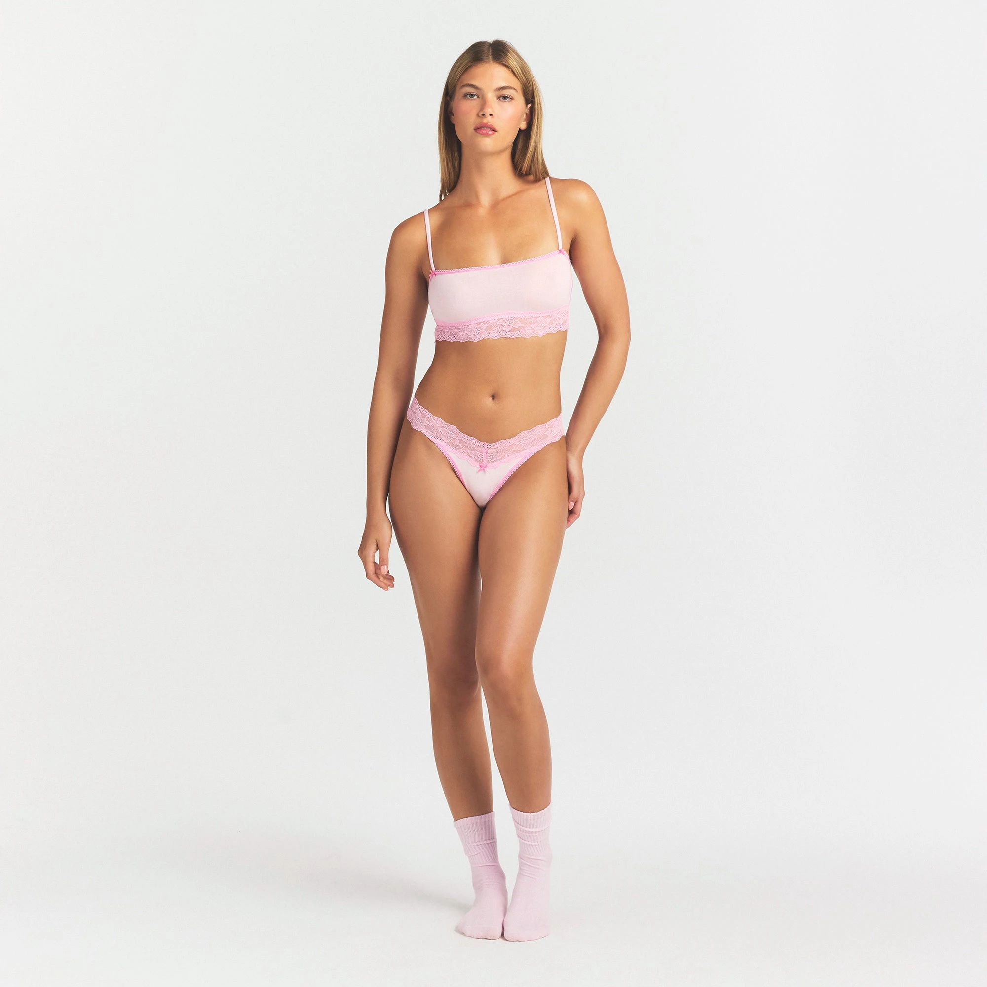 LIGHTWEIGHT COTTON STRAIGHT NECK BRALETTE | CHERRY BLOSSOM TONAL ON A MODEL FRONT VIEW @ | FOCUS: 0.0, 1.0, 0.9