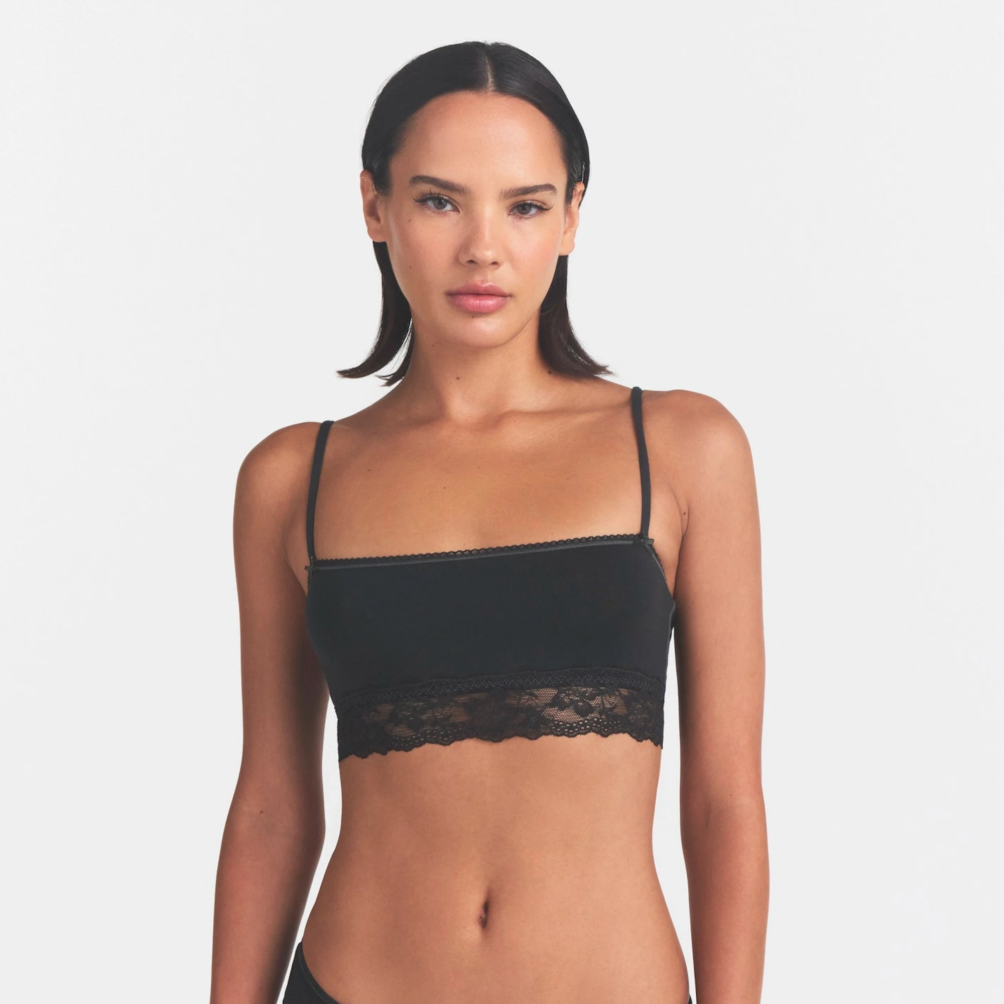 LIGHTWEIGHT COTTON STRAIGHT NECK BRALETTE | SOOT TONAL ON A MODEL SIDE VIEW