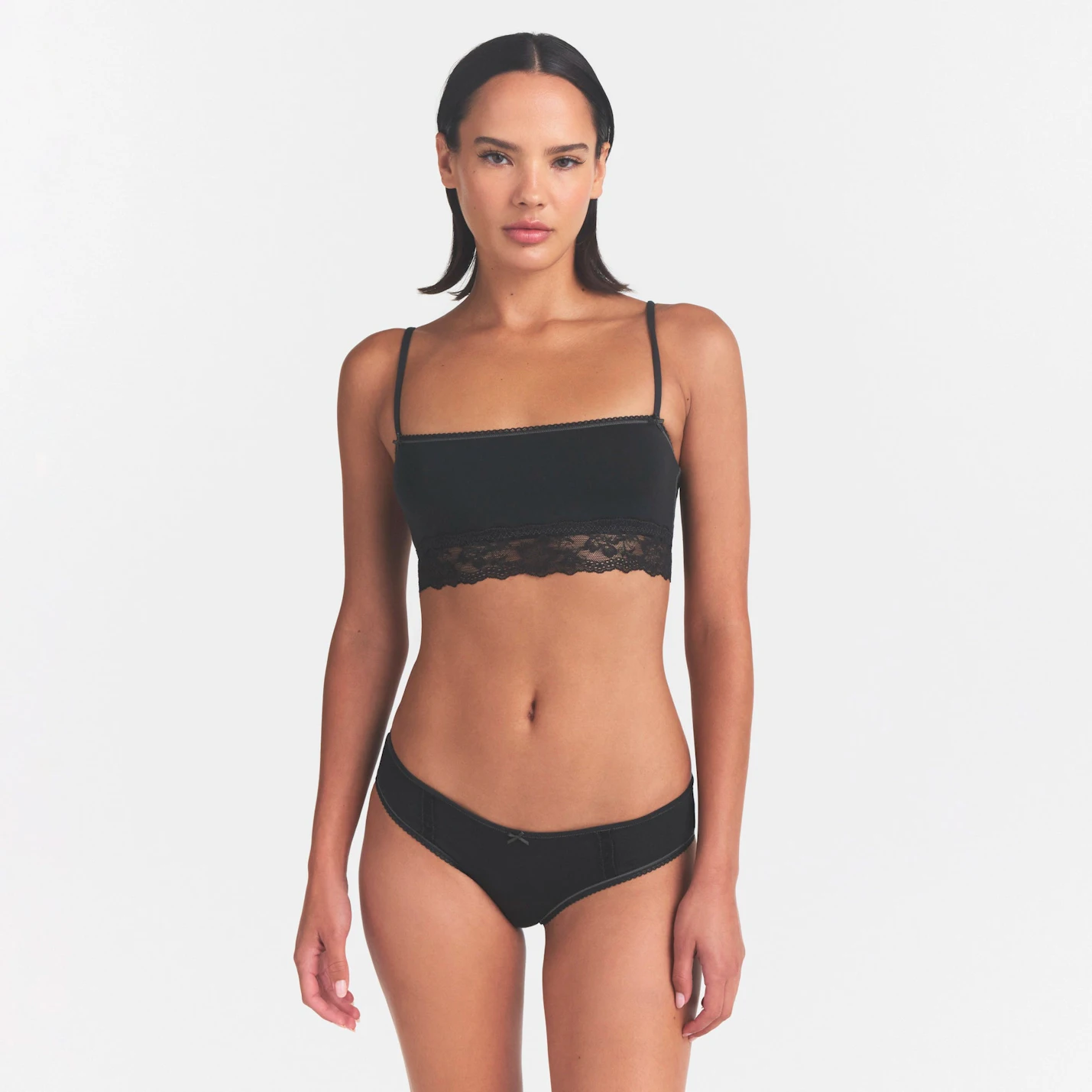 LIGHTWEIGHT COTTON STRAIGHT NECK BRALETTE | SOOT TONAL ON A MODEL SIDE VIEW