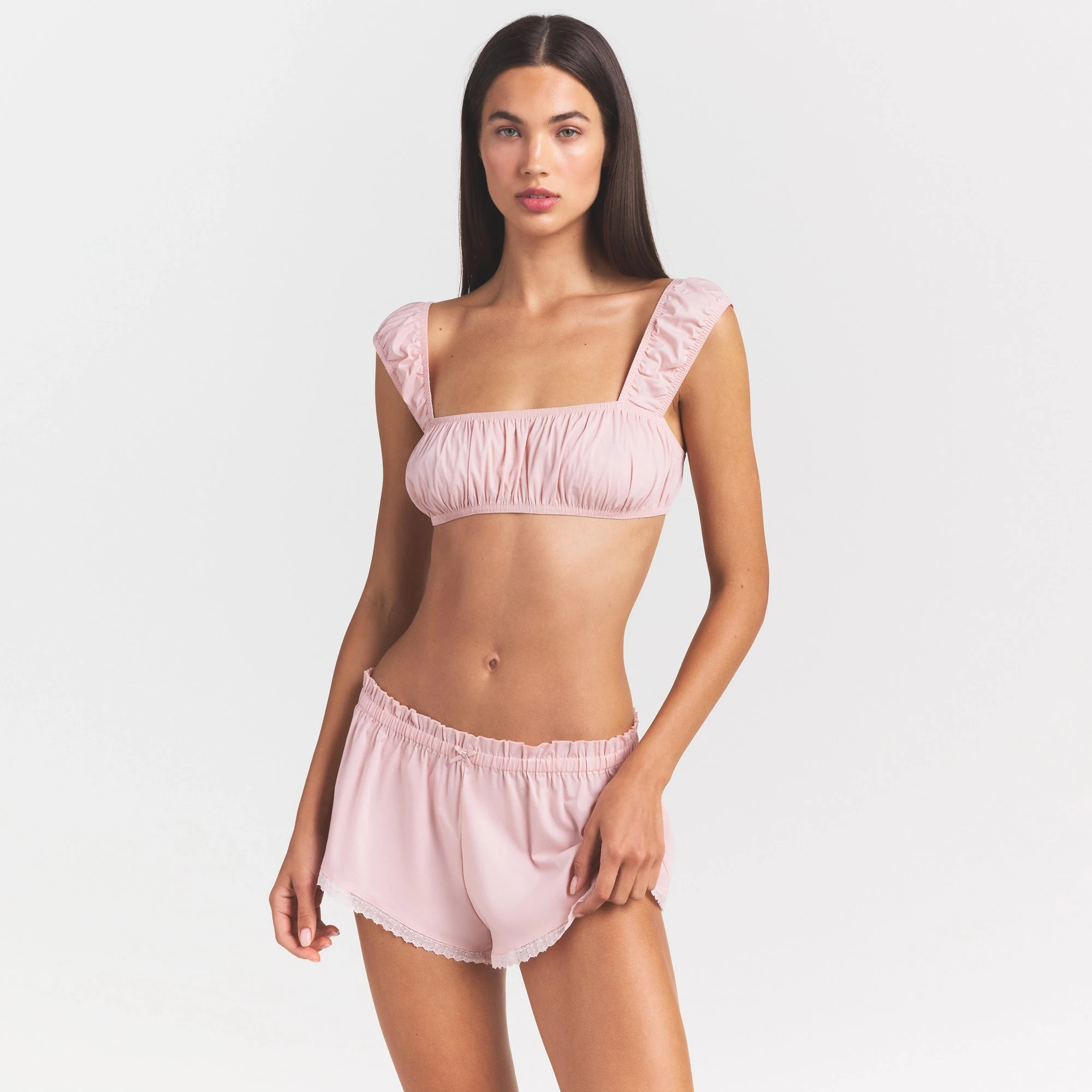 COTTON POPLIN BRALETTE | DUSTY PINK ON A MODEL SIDE VIEW @ | FOCUS: 0.0, 1.0, 0.9