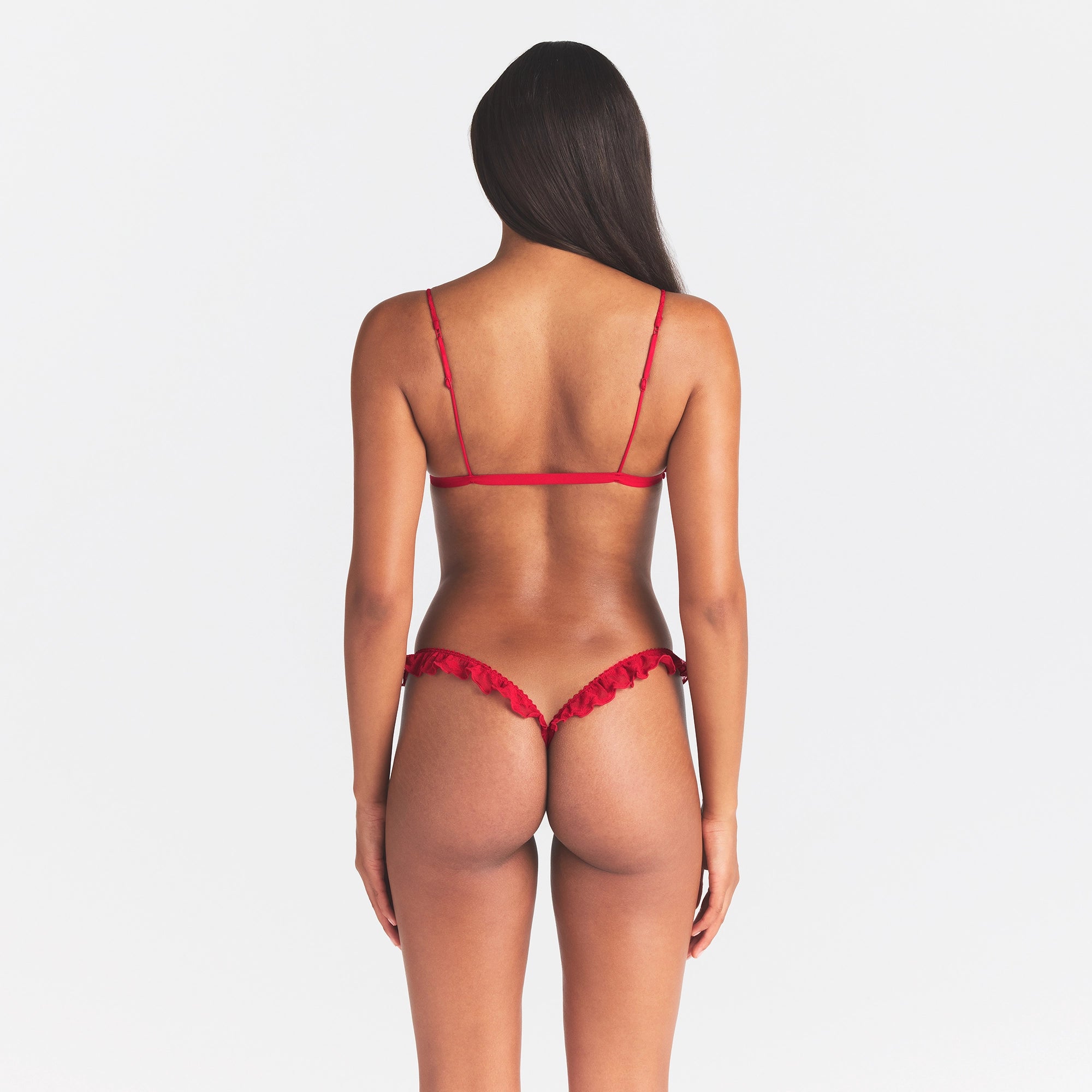 STRETCH LACE TRIANGLE TIE BRALETTE | CARDINAL ON A MODEL BACK VIEW @ | FOCUS: 0.0, 1.0, 0.9