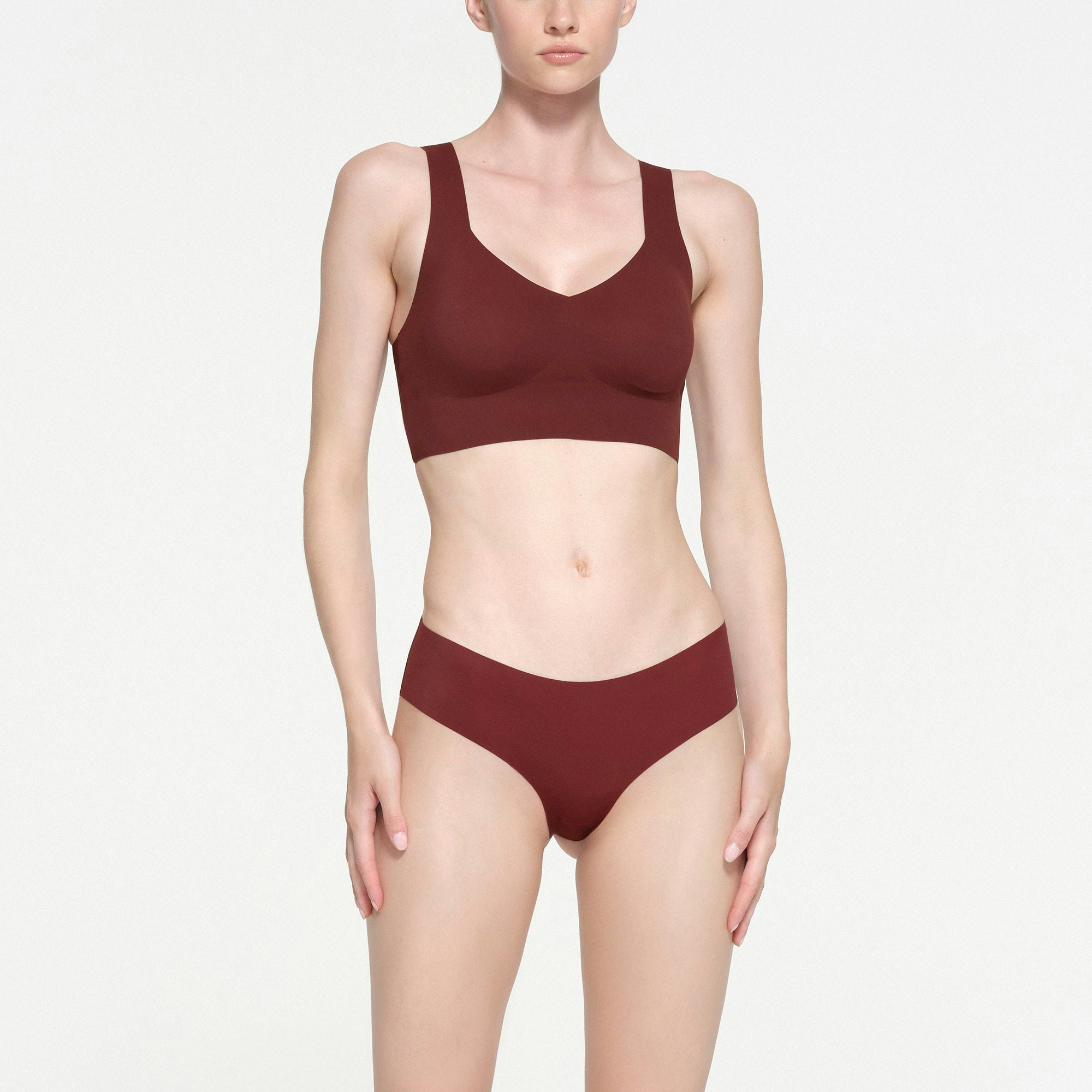 NAKED PLUNGE LONGLINE BRALETTE | OXBLOOD ON A MODEL FRONT VIEW