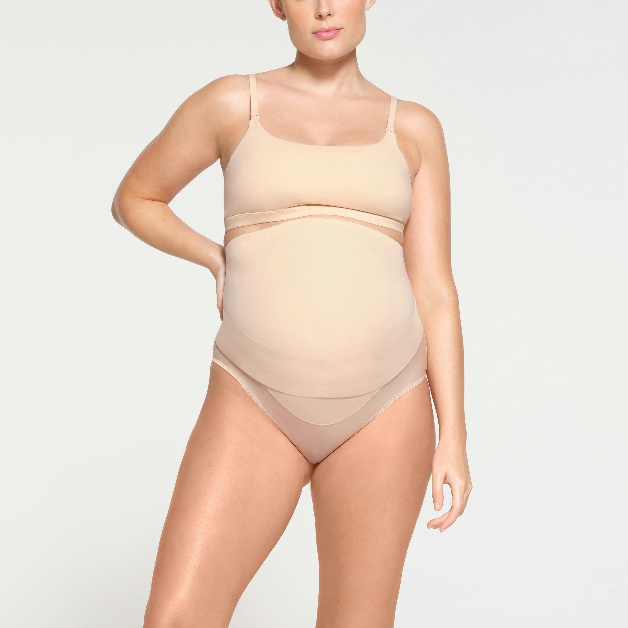 FITS EVERYBODY MATERNITY PUMPING SCOOP BRALETTE | SAND ON A MODEL FRONT VIEW