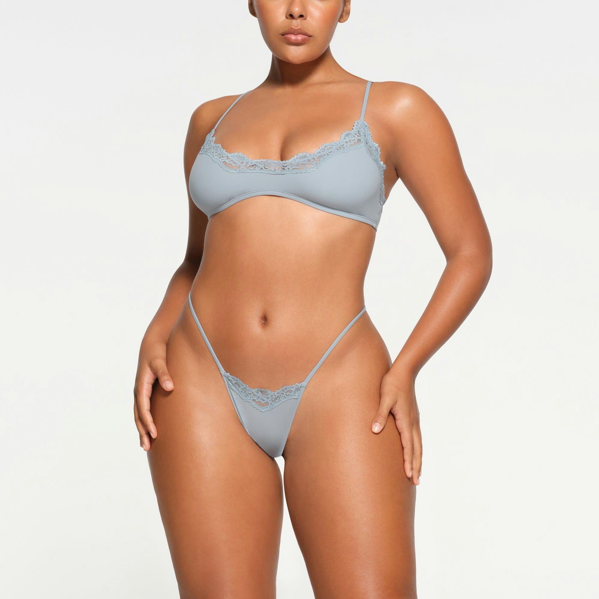 FITS EVERYBODY LACE SCOOP BRALETTE | DENIM ON A MODEL FRONT VIEW