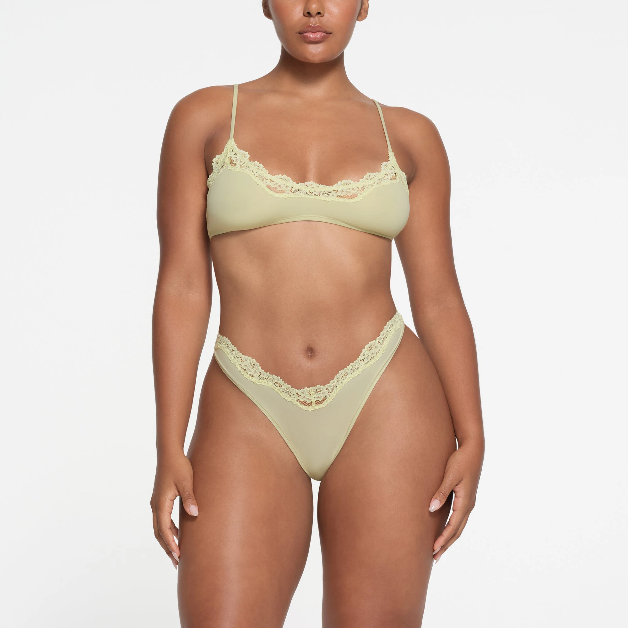 FITS EVERYBODY LACE SCOOP BRALETTE | SAGE ON A MODEL FRONT VIEW